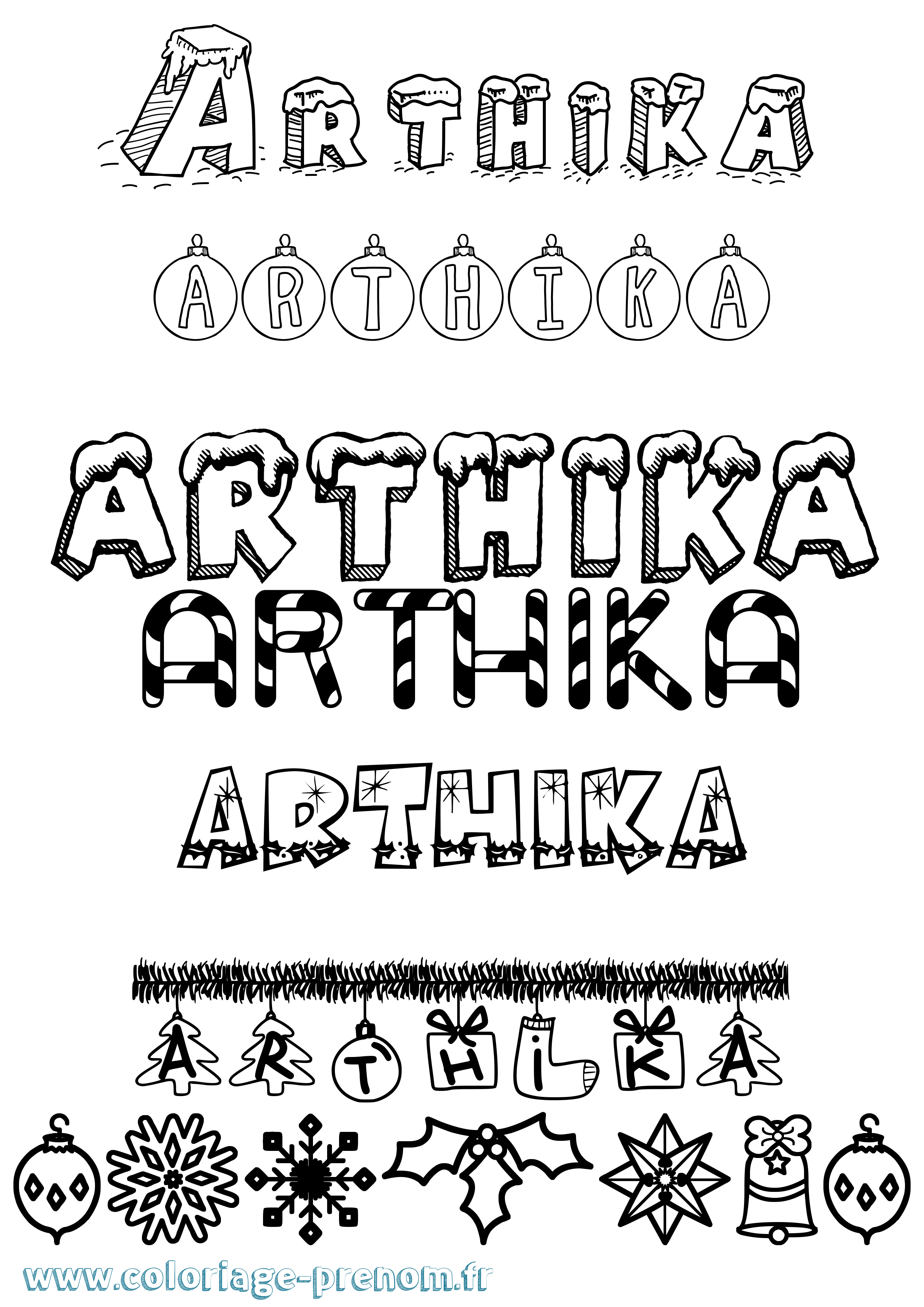 Coloriage prénom Arthika Noël