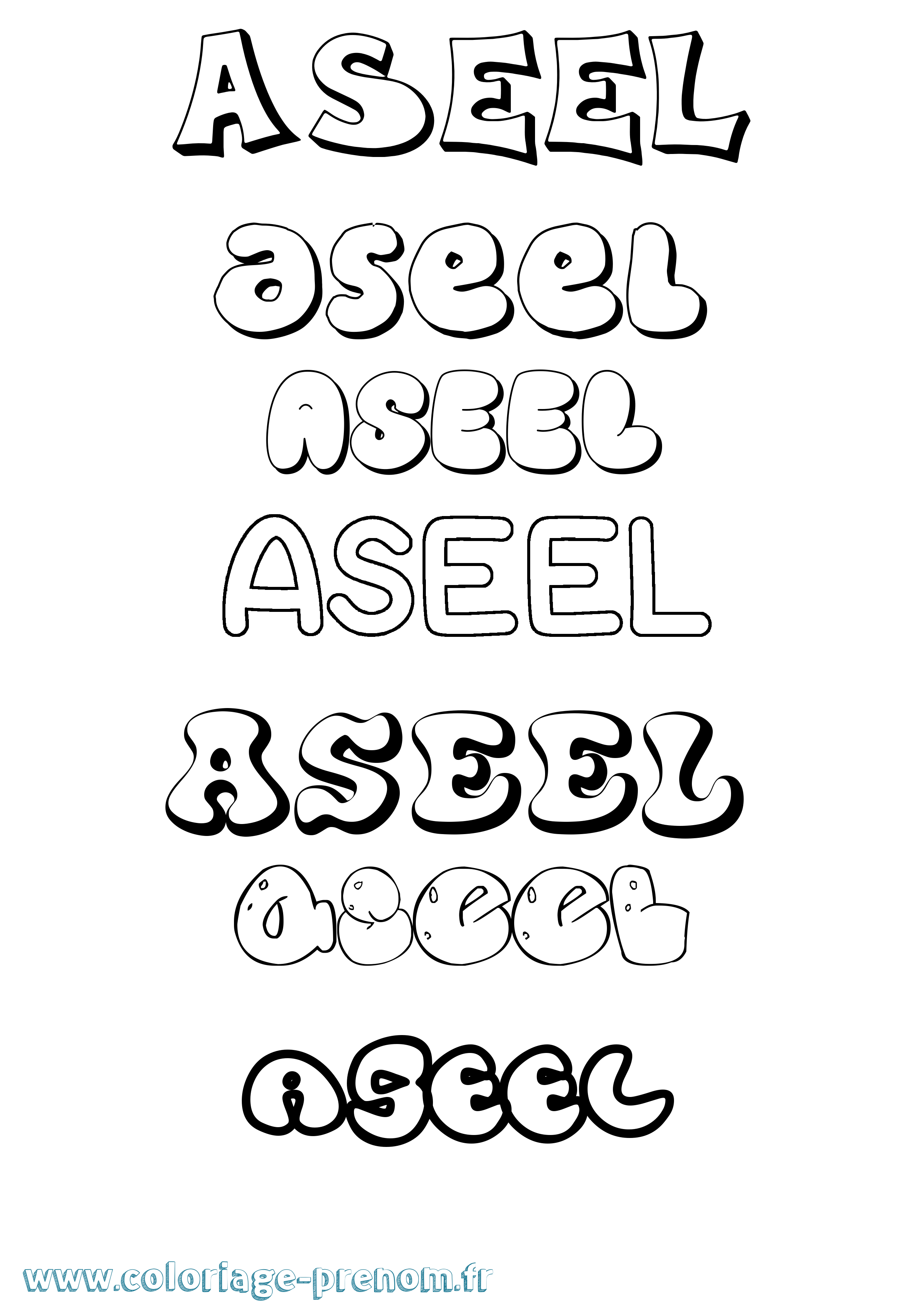 Coloriage prénom Aseel Bubble