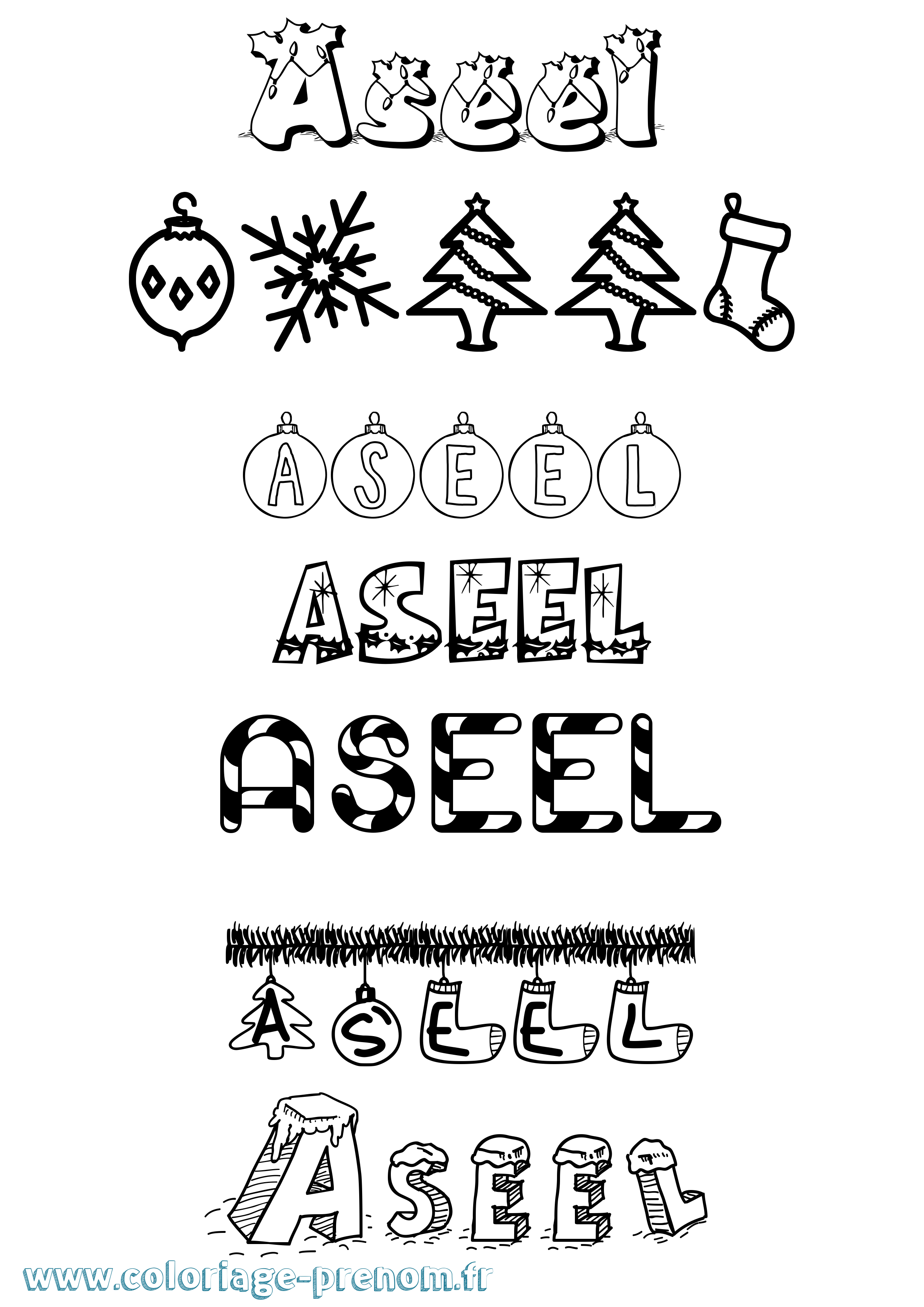 Coloriage prénom Aseel Noël