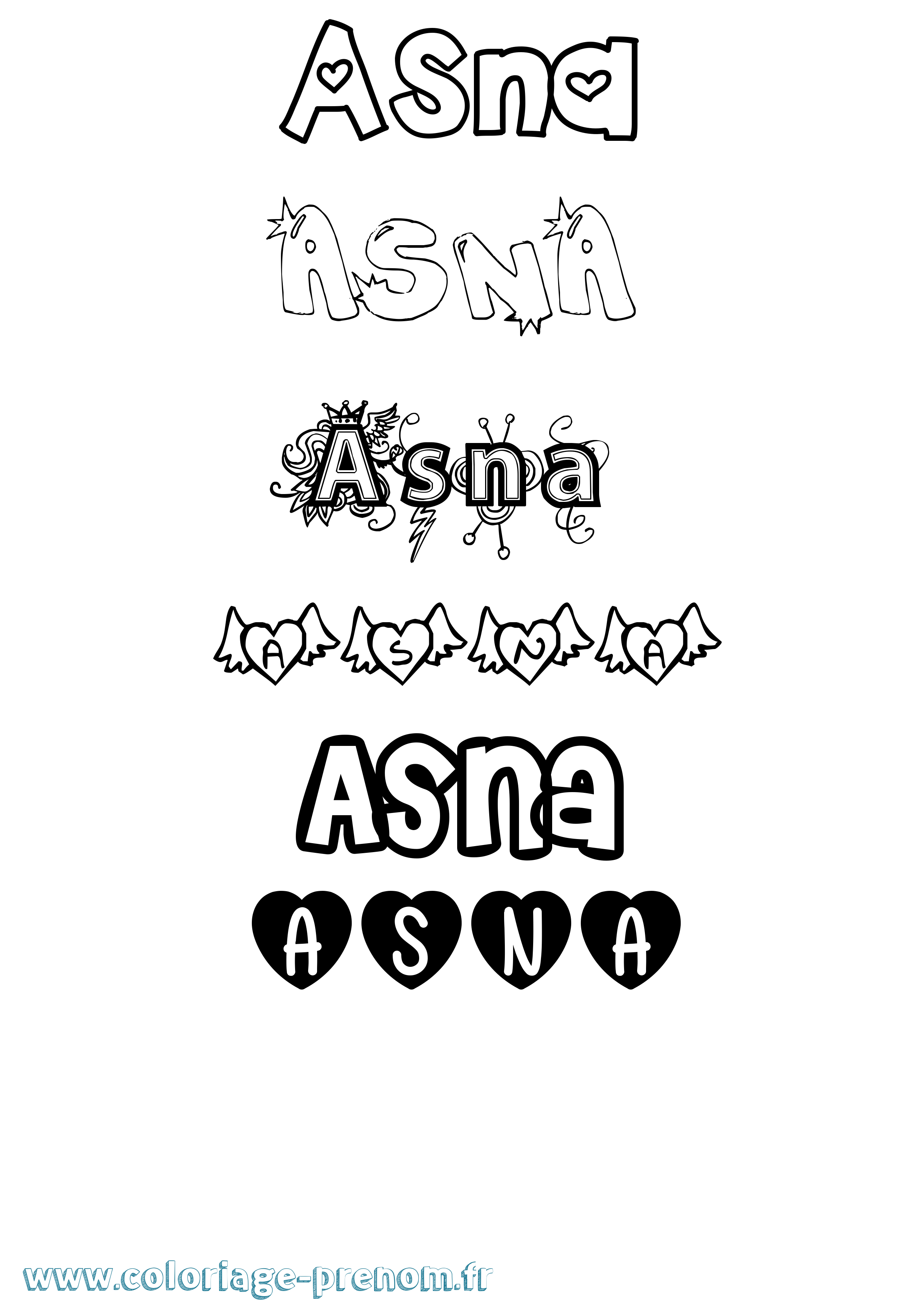 Coloriage prénom Asna Girly