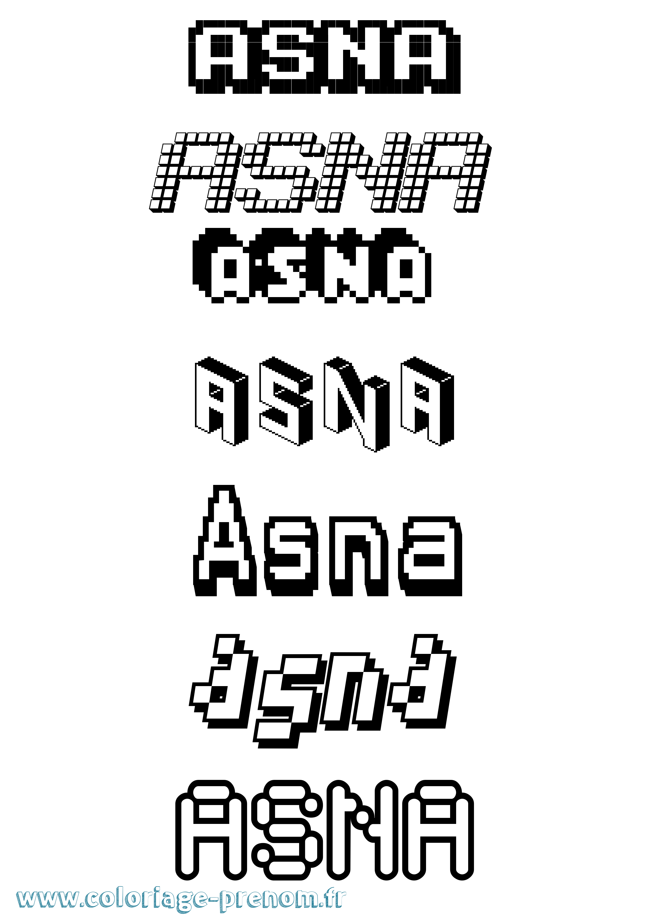 Coloriage prénom Asna Pixel