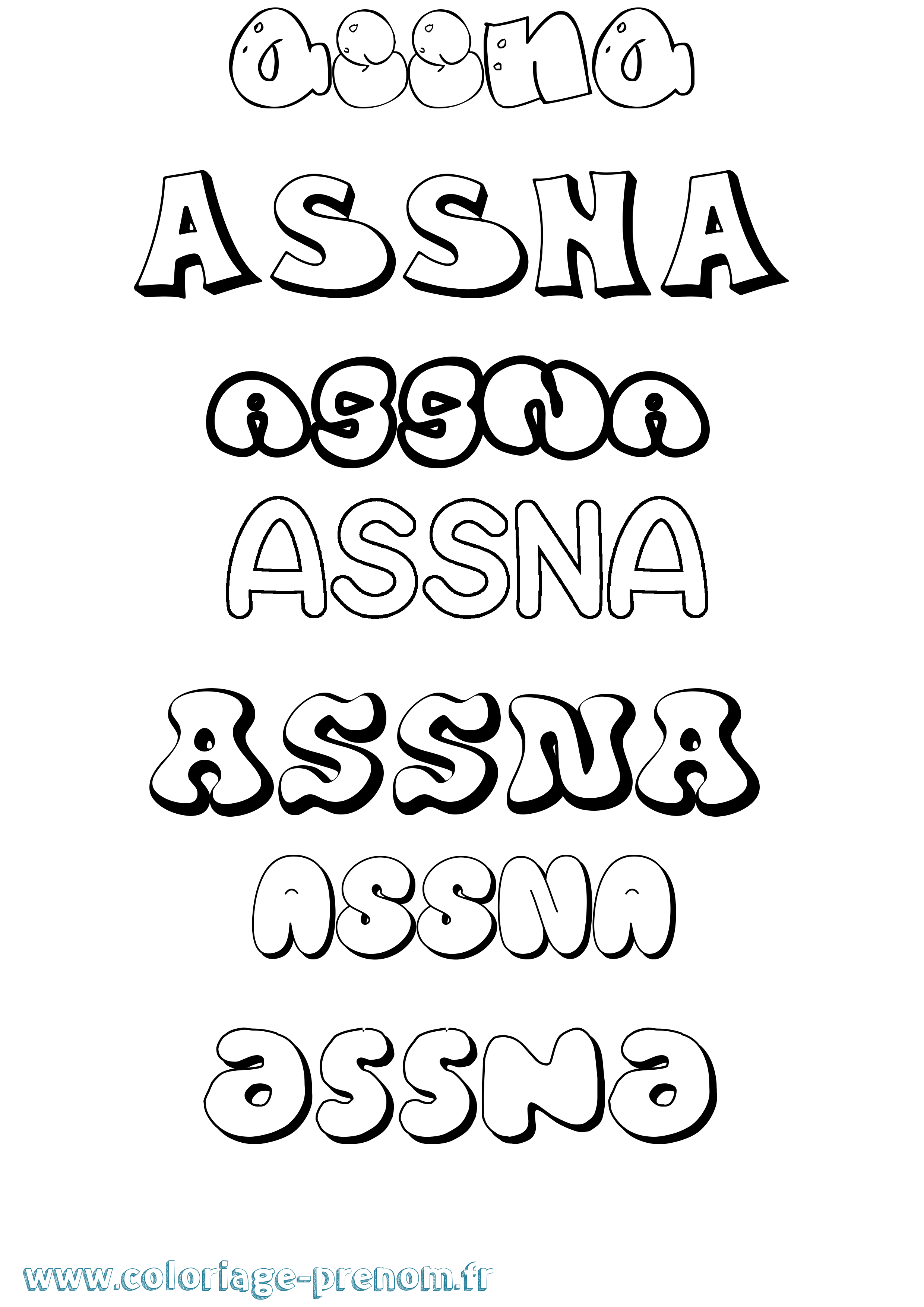 Coloriage prénom Assna Bubble