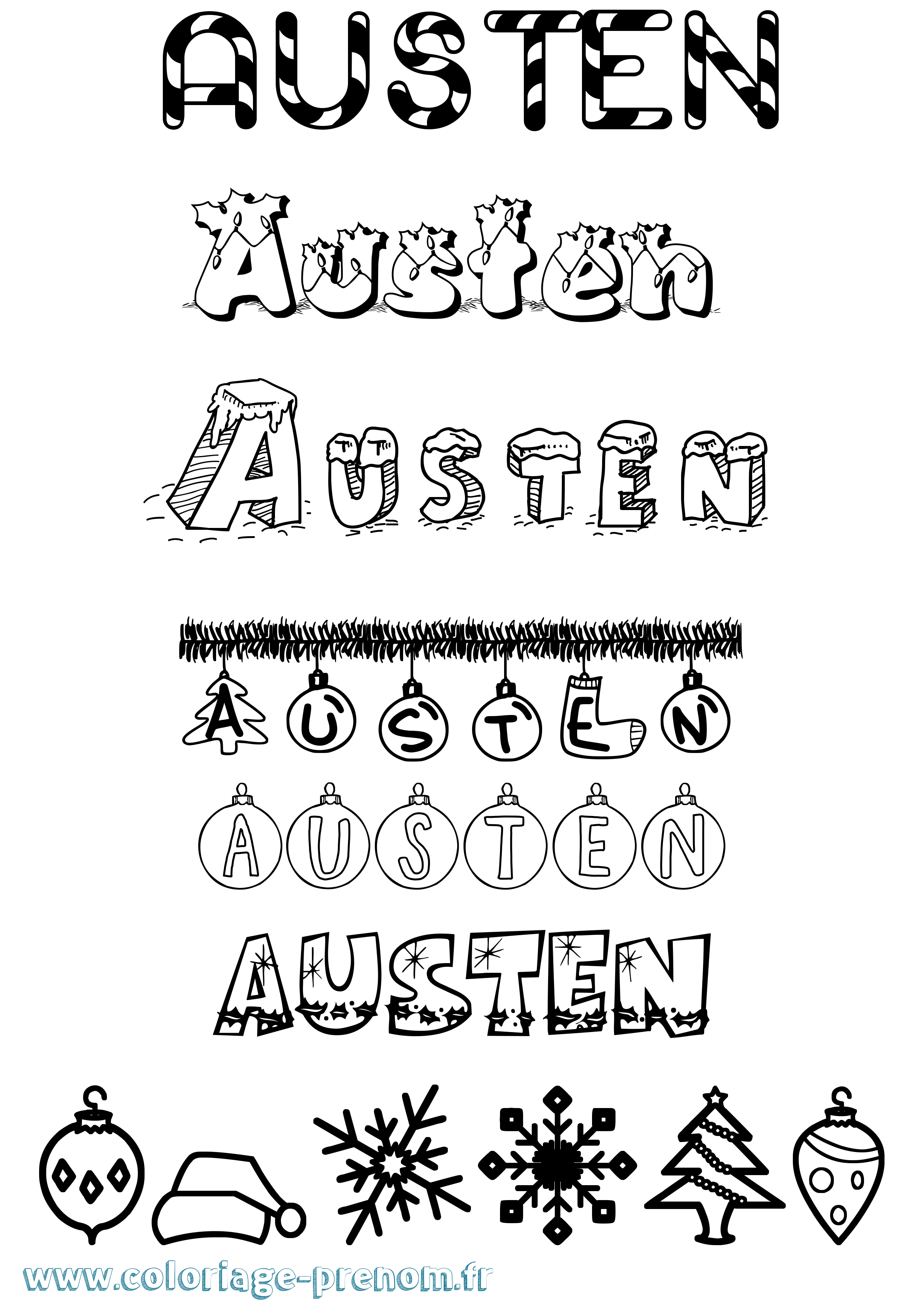 Coloriage prénom Austen Noël