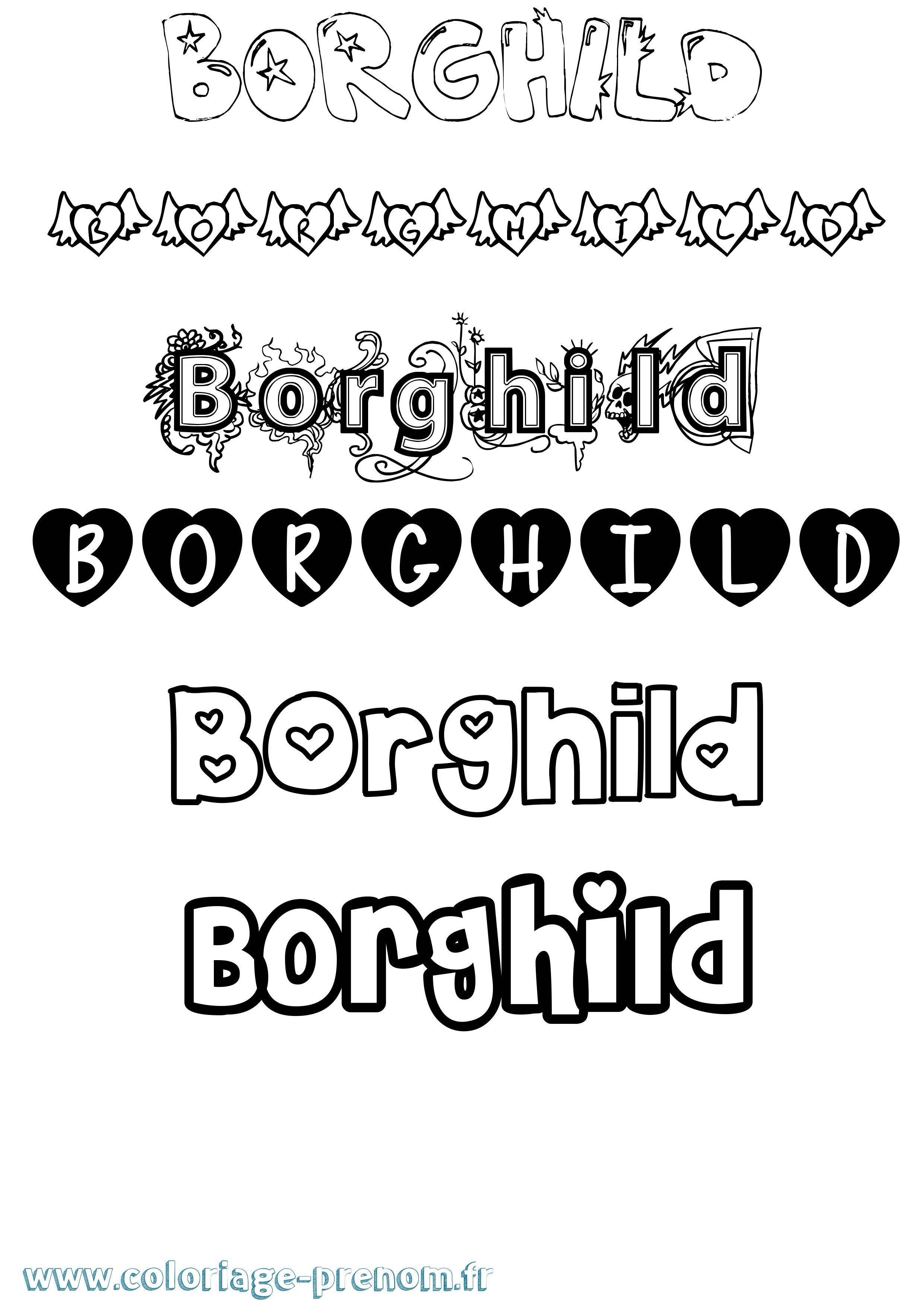 Coloriage prénom Borghild Girly