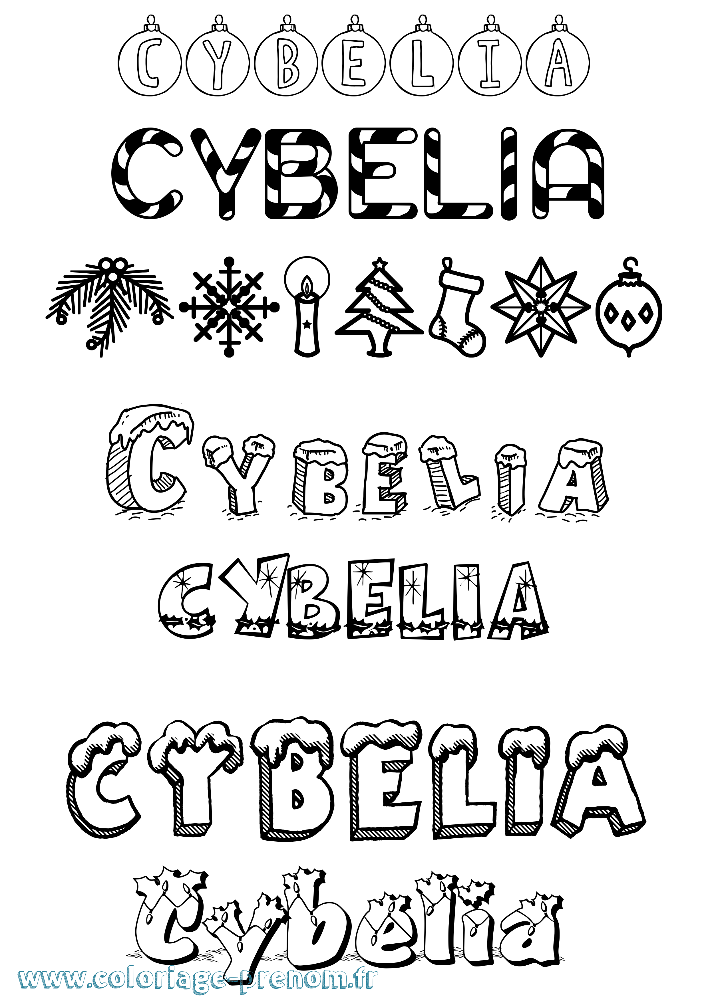 Coloriage prénom Cybelia Noël