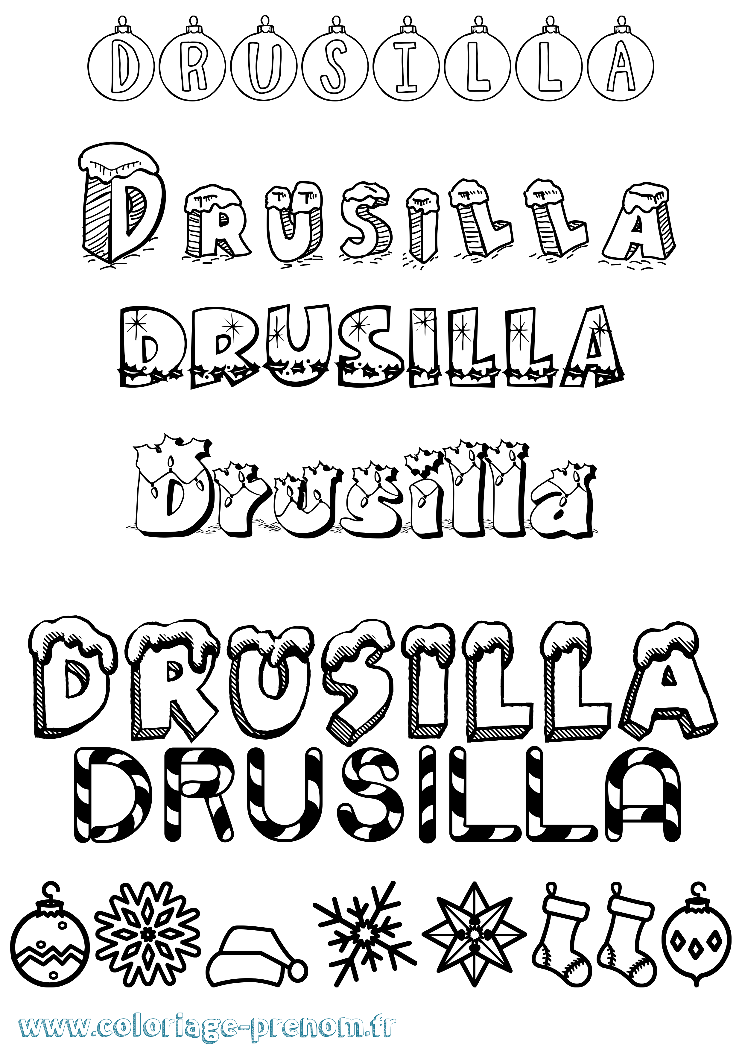 Coloriage prénom Drusilla Noël