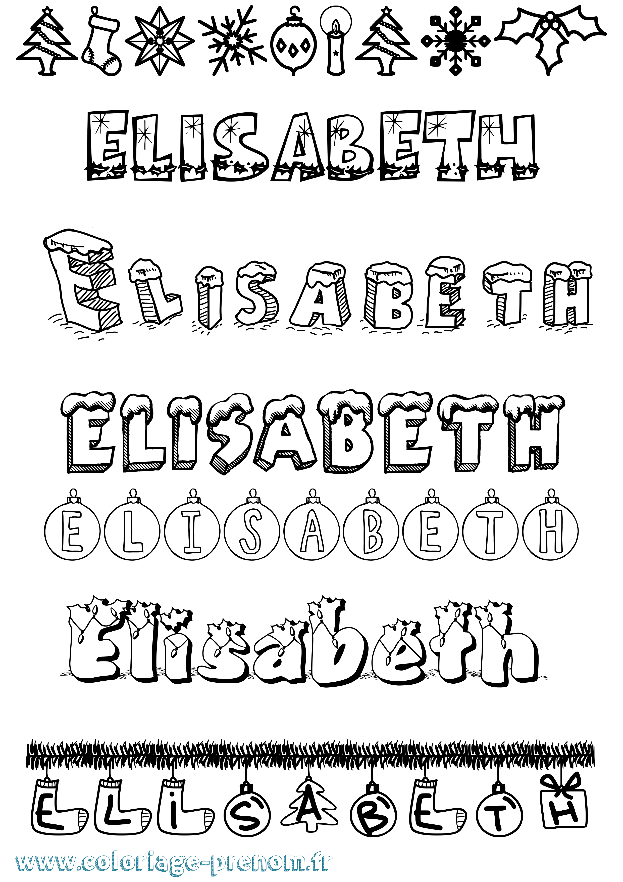 Coloriage prénom Elisabeth Noël
