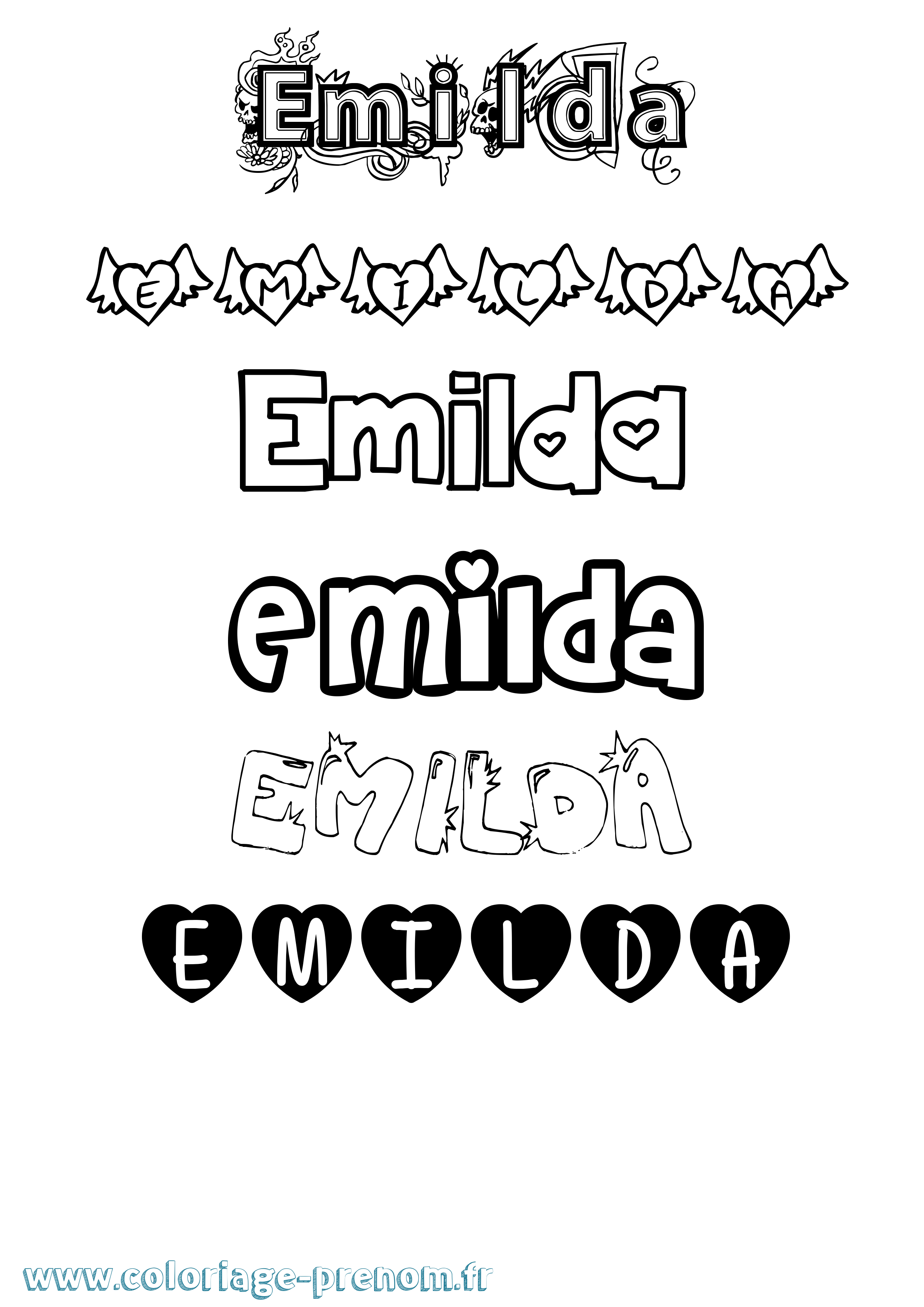 Coloriage prénom Emilda Girly