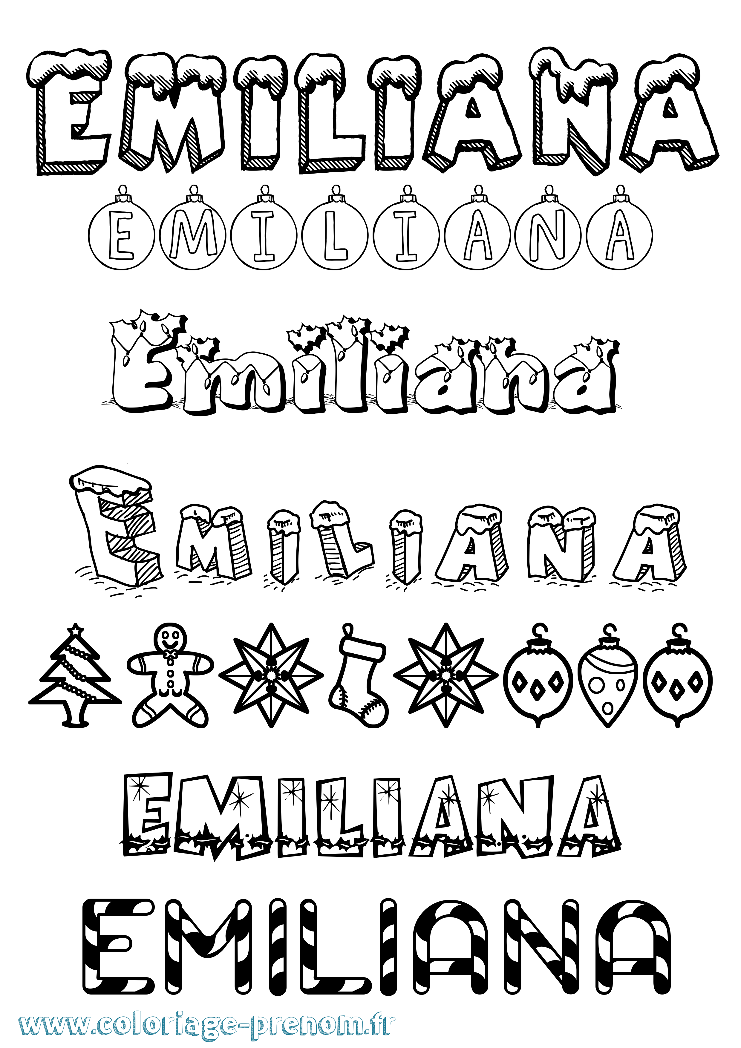 Coloriage Emiliana Noël Coloriage prénom Emiliana Noël