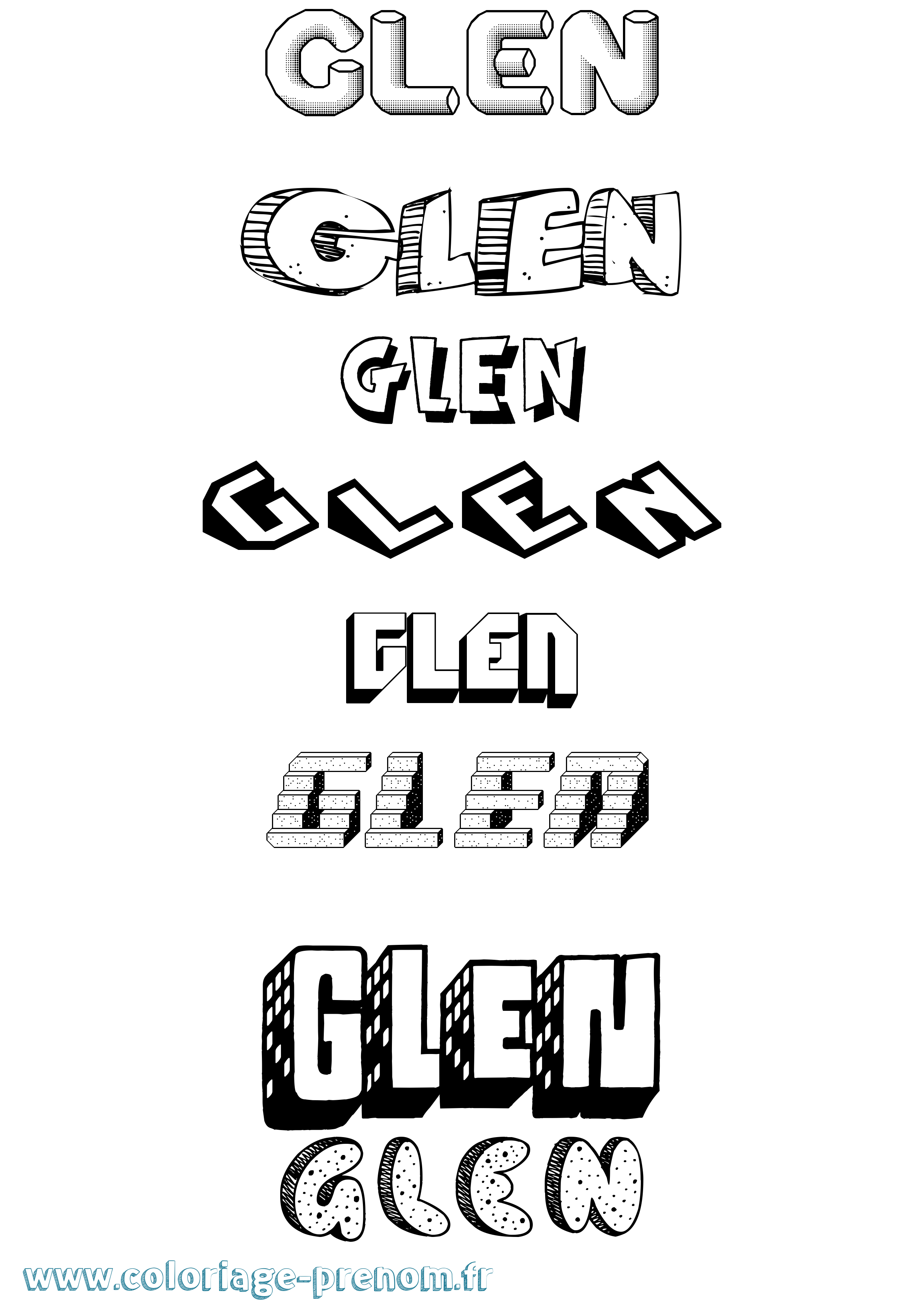Coloriage prénom Glen Effet 3D