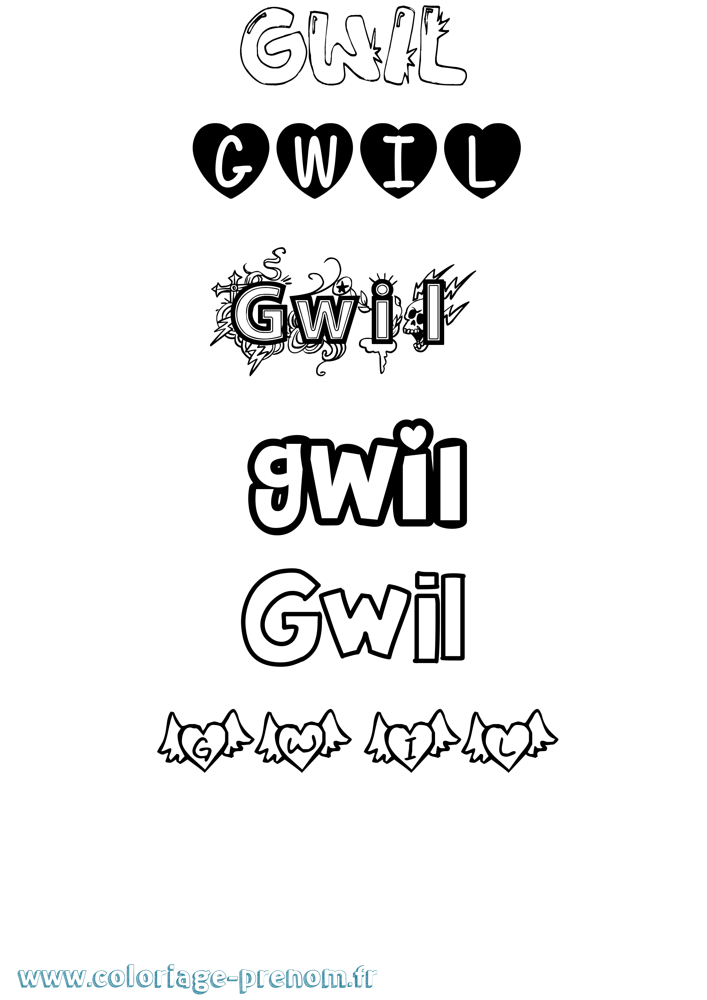 Coloriage prénom Gwil Girly