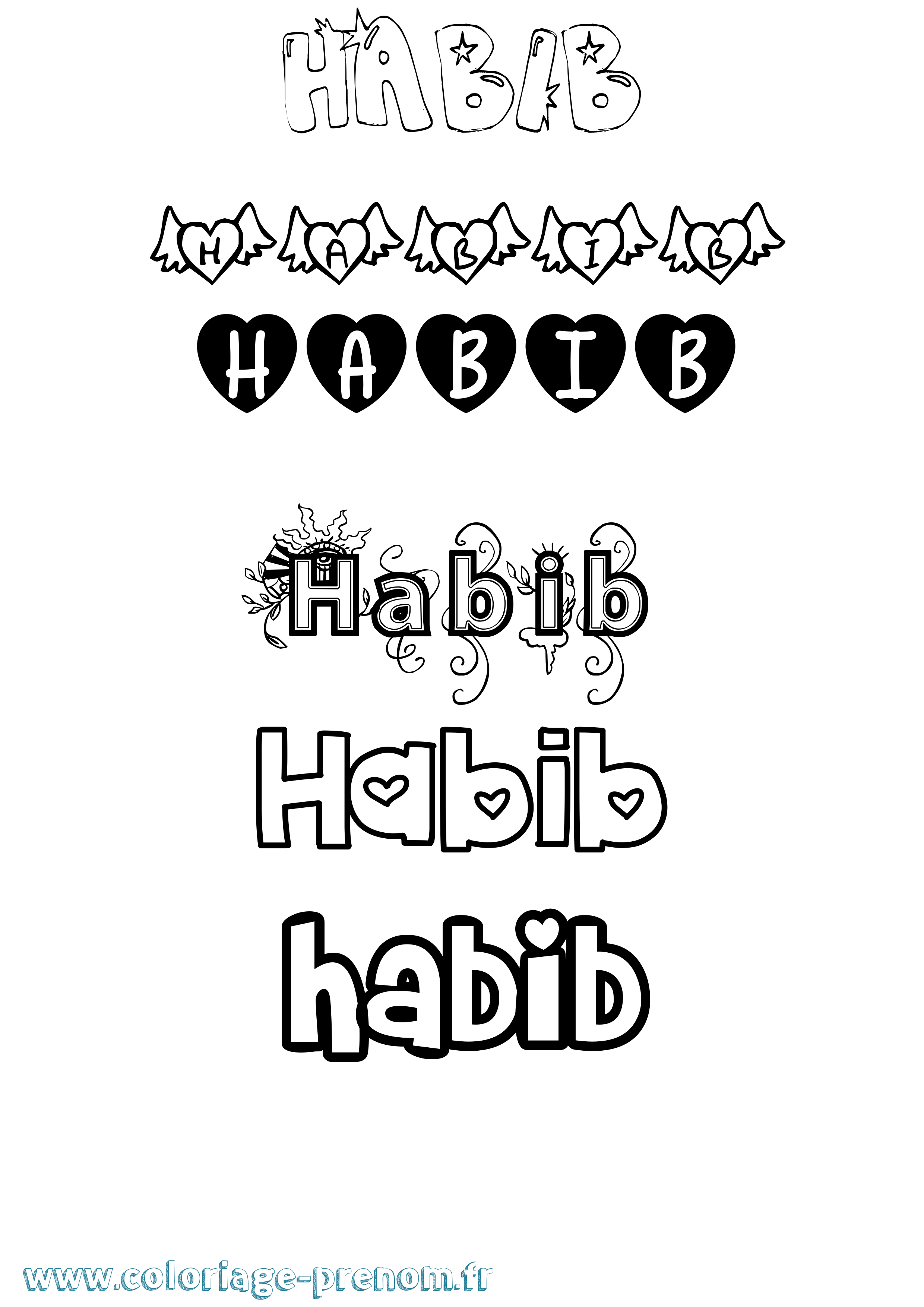 Coloriage prénom Habib Girly
