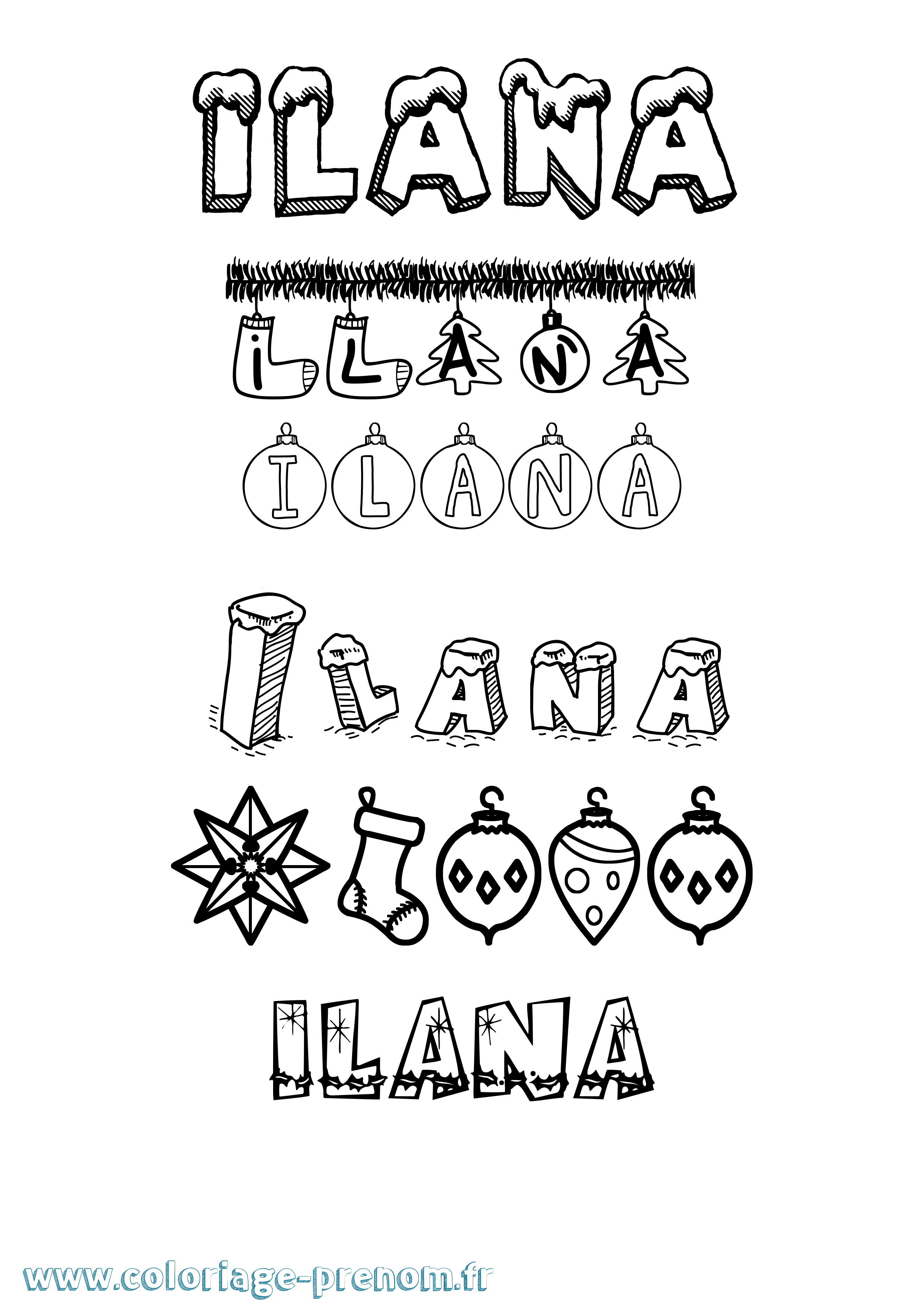 Coloriage prénom Ilana Noël