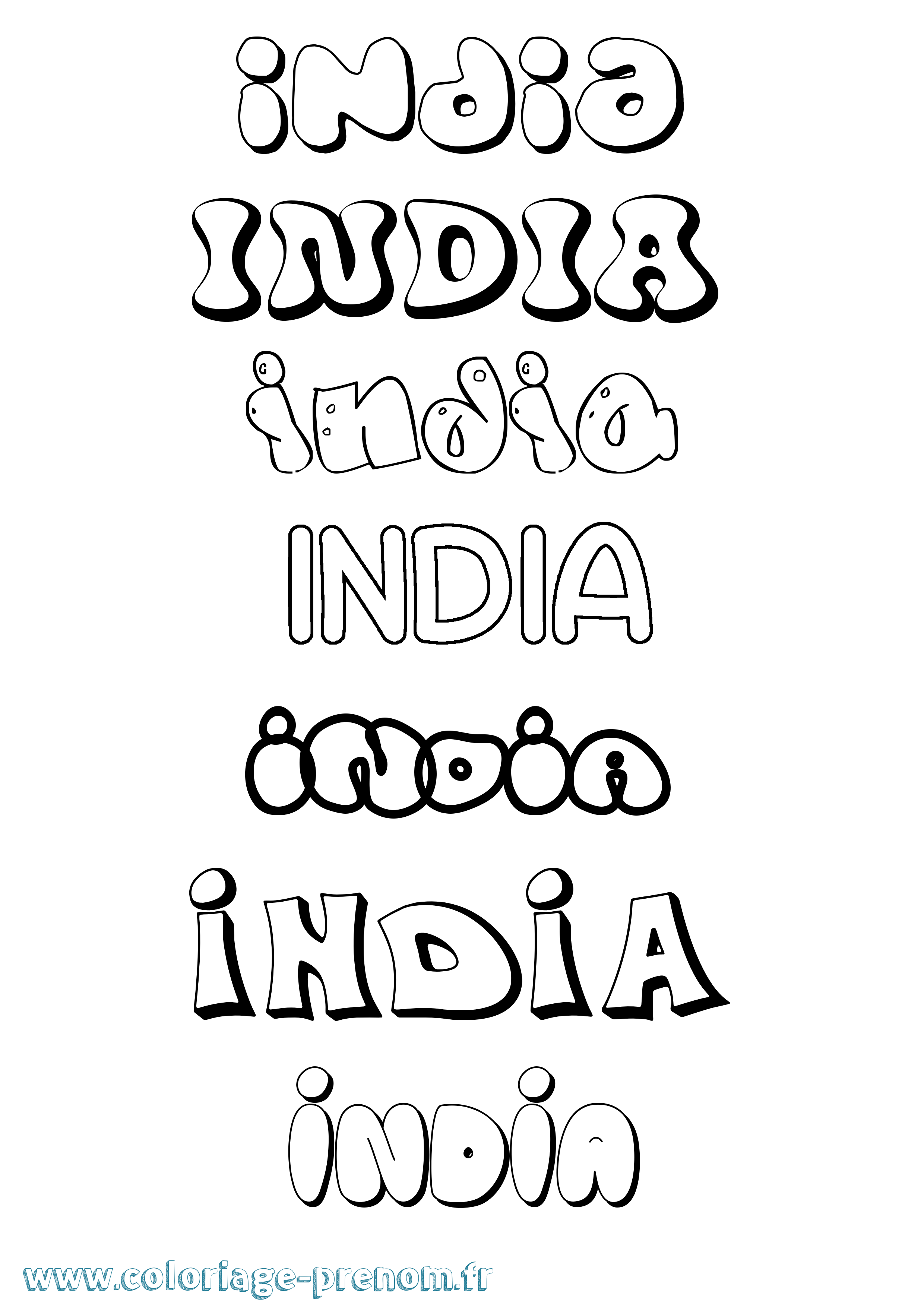 Coloriage prénom India Bubble