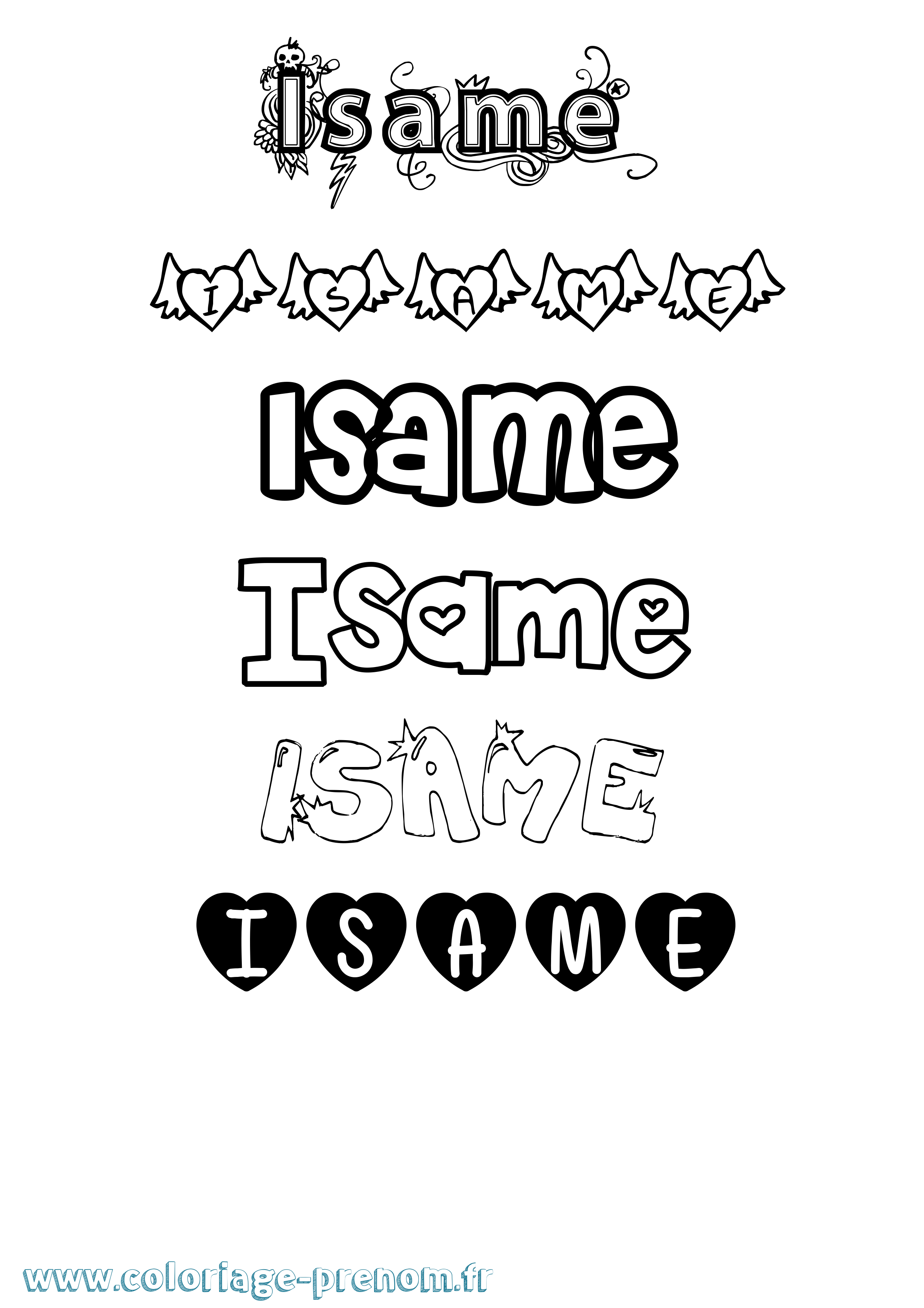 Coloriage prénom Isame Girly
