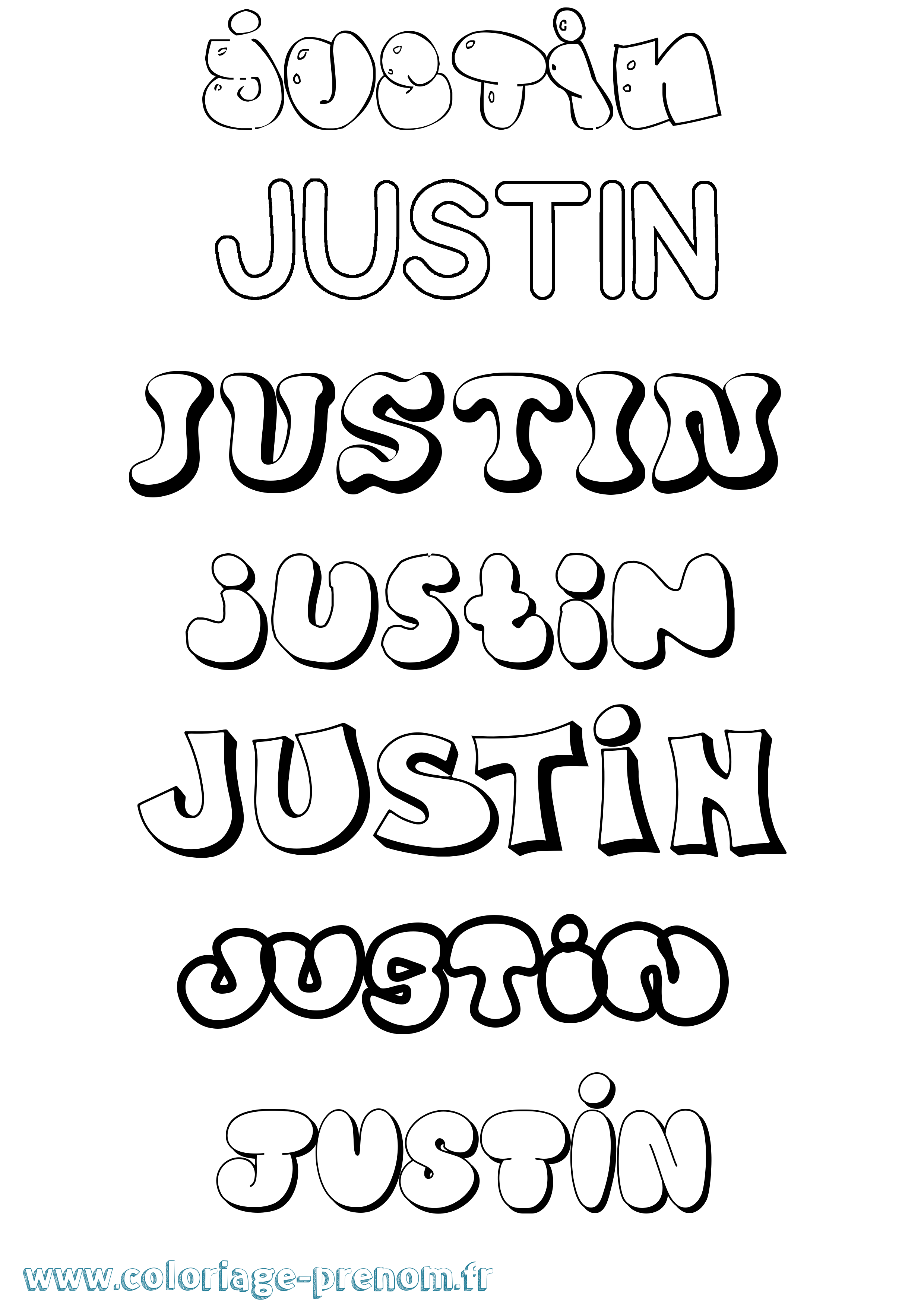 Coloriage prénom Justin Bubble