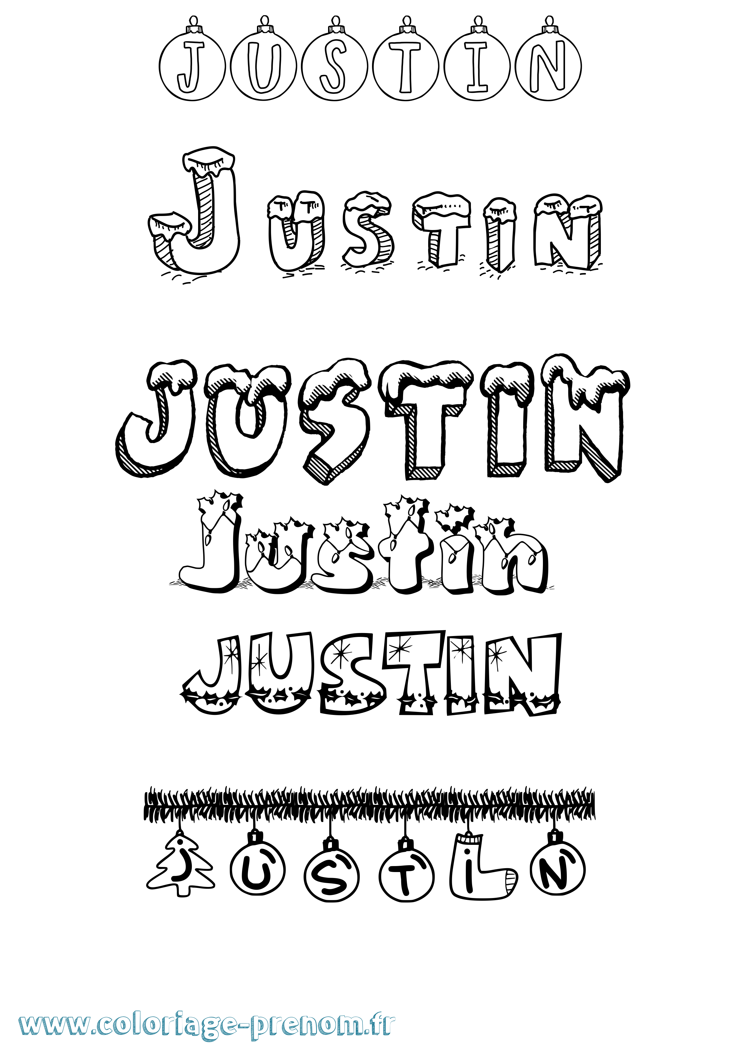 Coloriage prénom Justin Noël