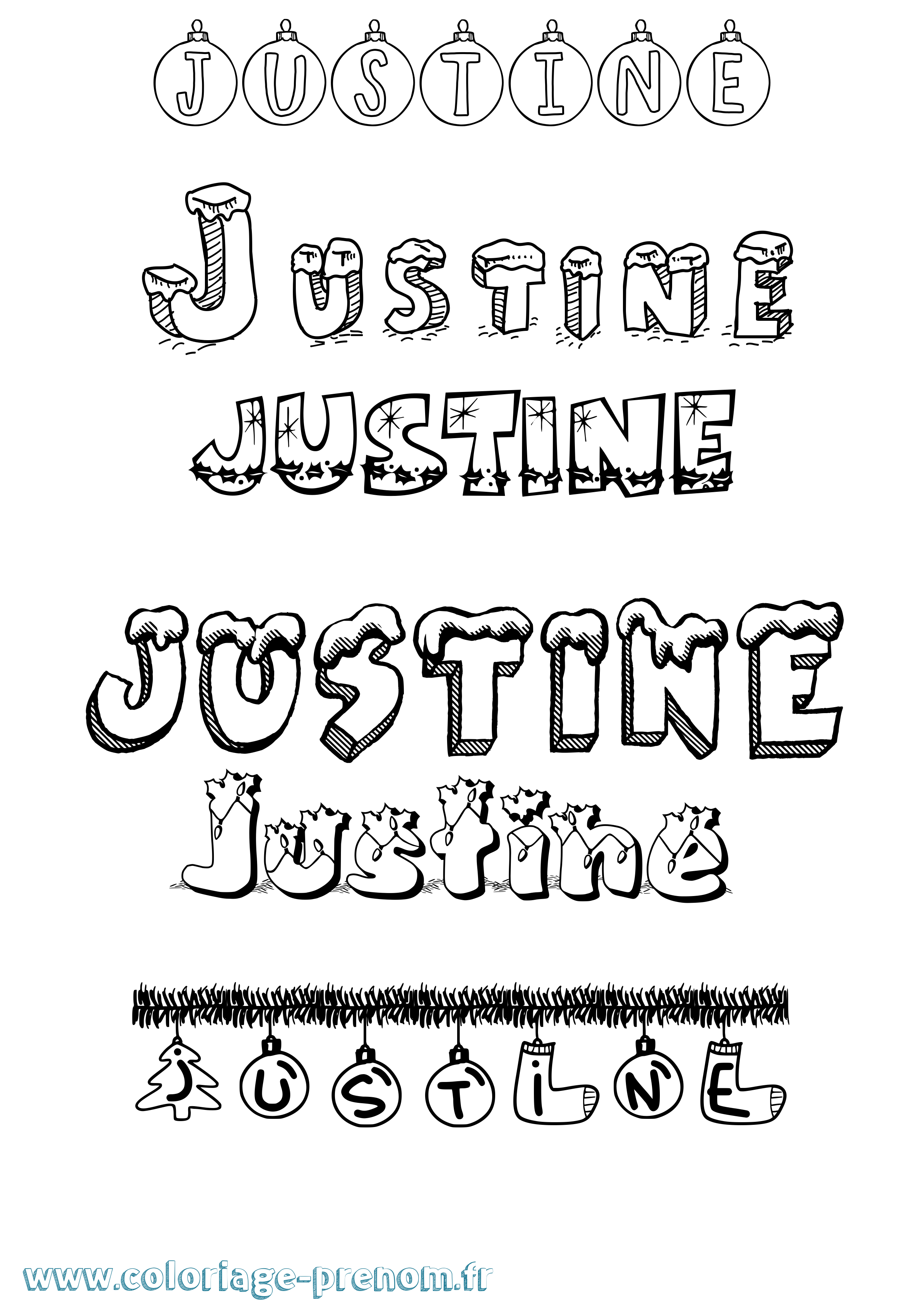 Coloriage prénom Justine Noël