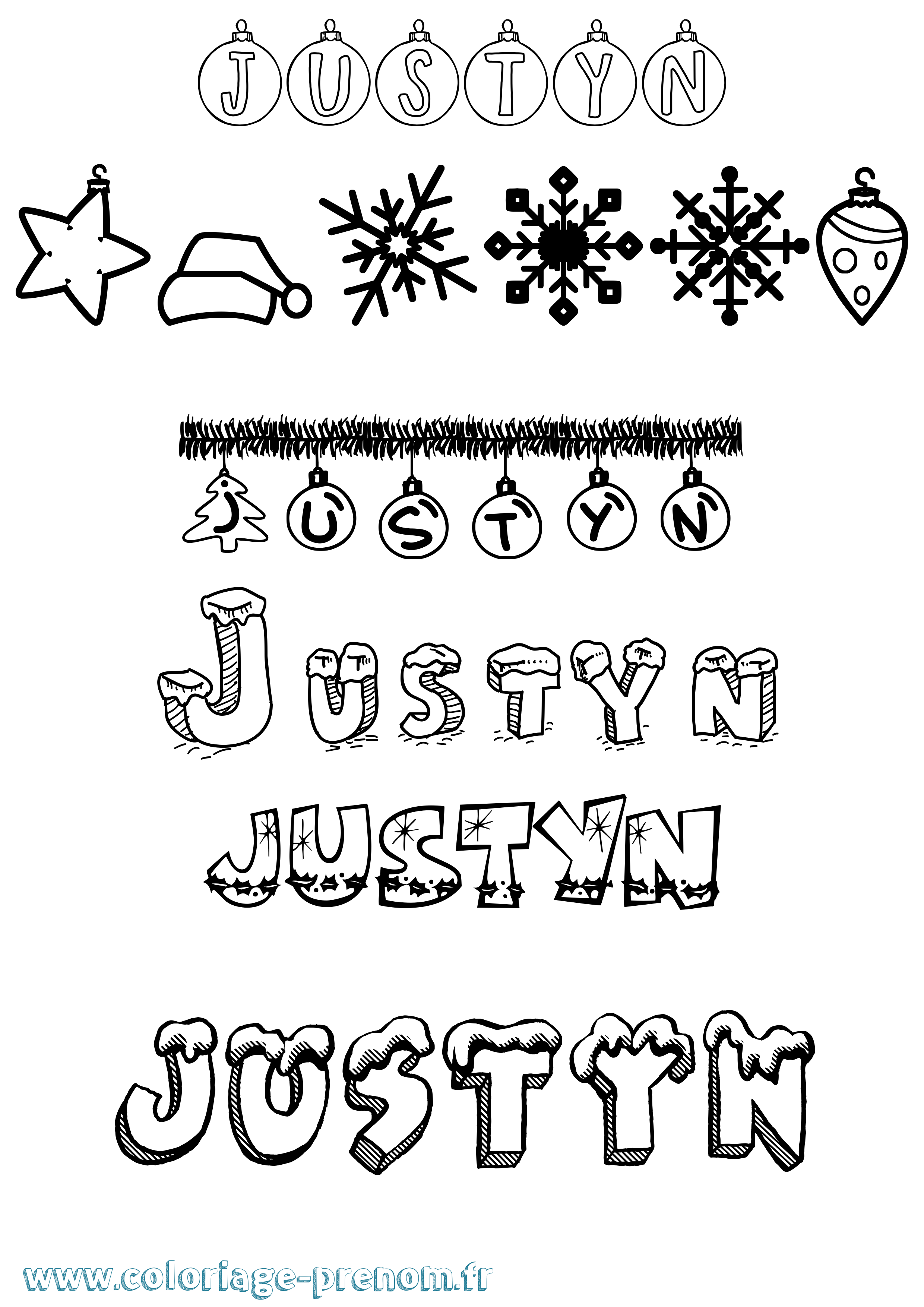 Coloriage prénom Justyn Noël