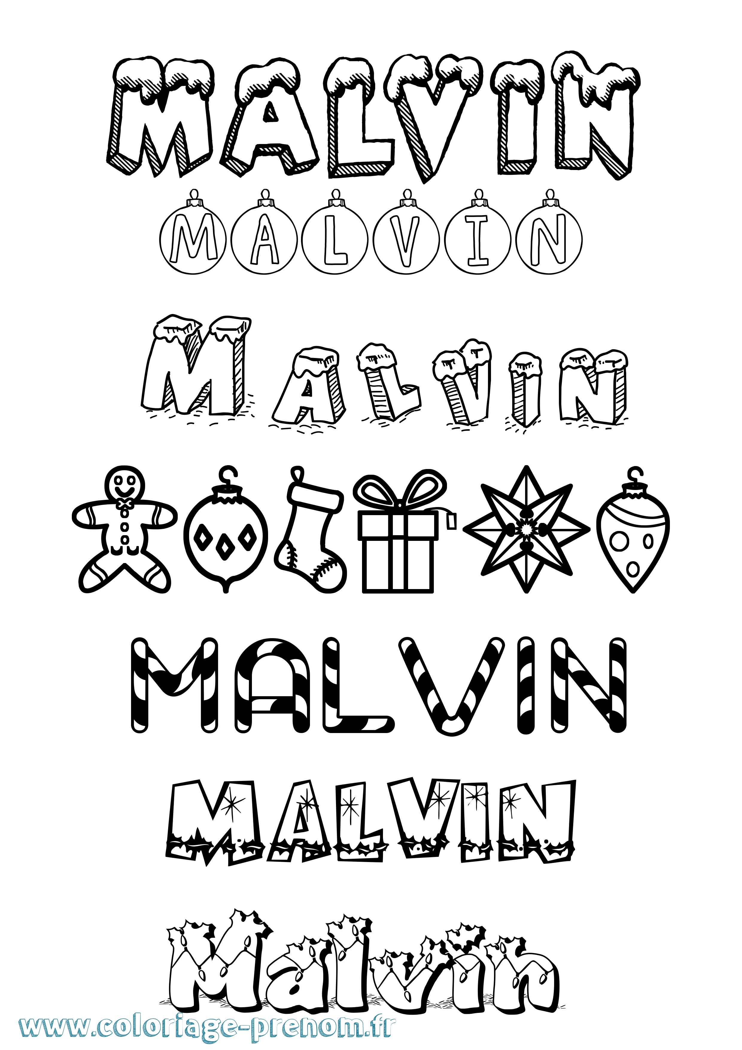 Coloriage prénom Malvin Noël