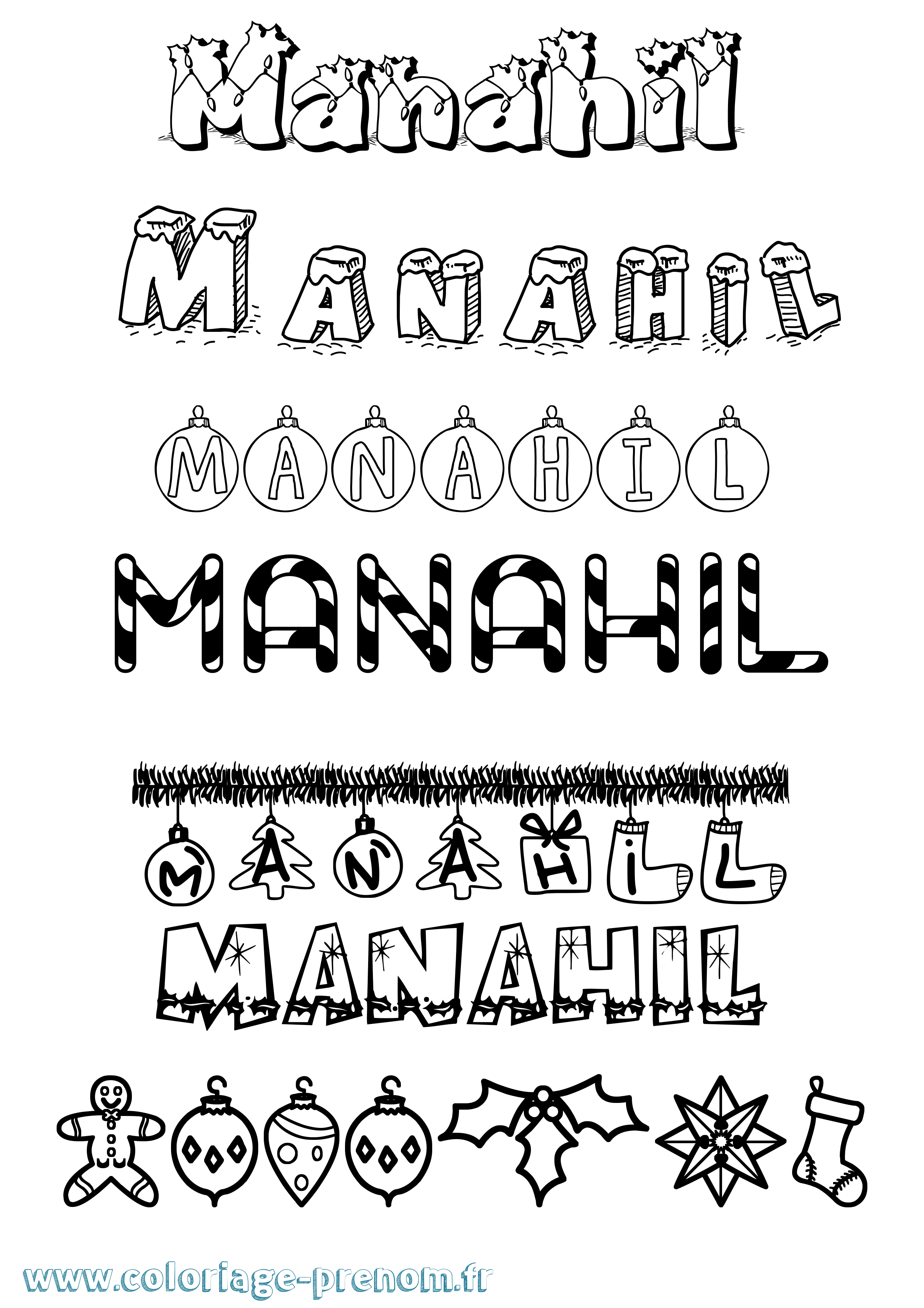 Coloriage prénom Manahil Noël