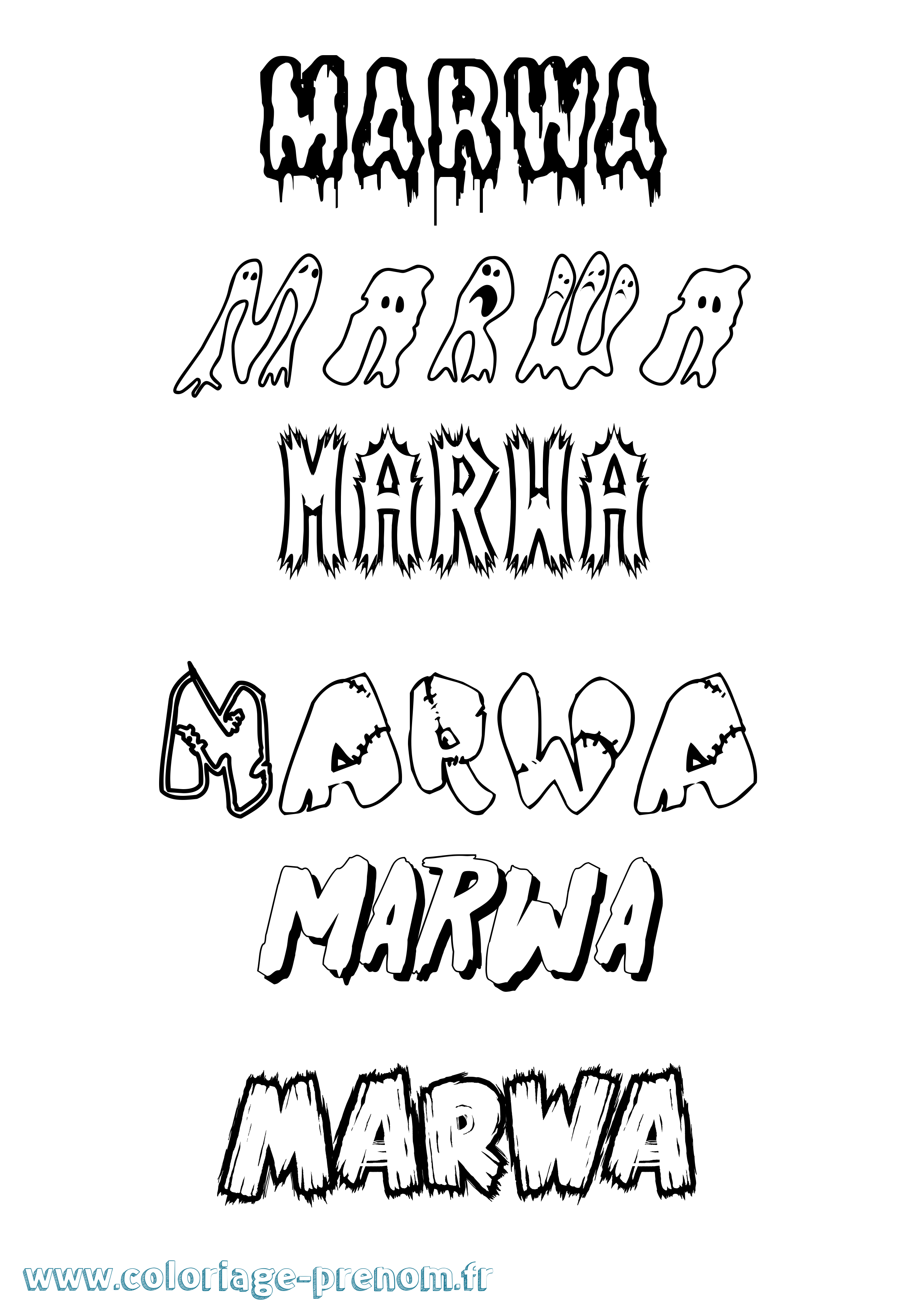 Coloriage prénom Marwa Frisson