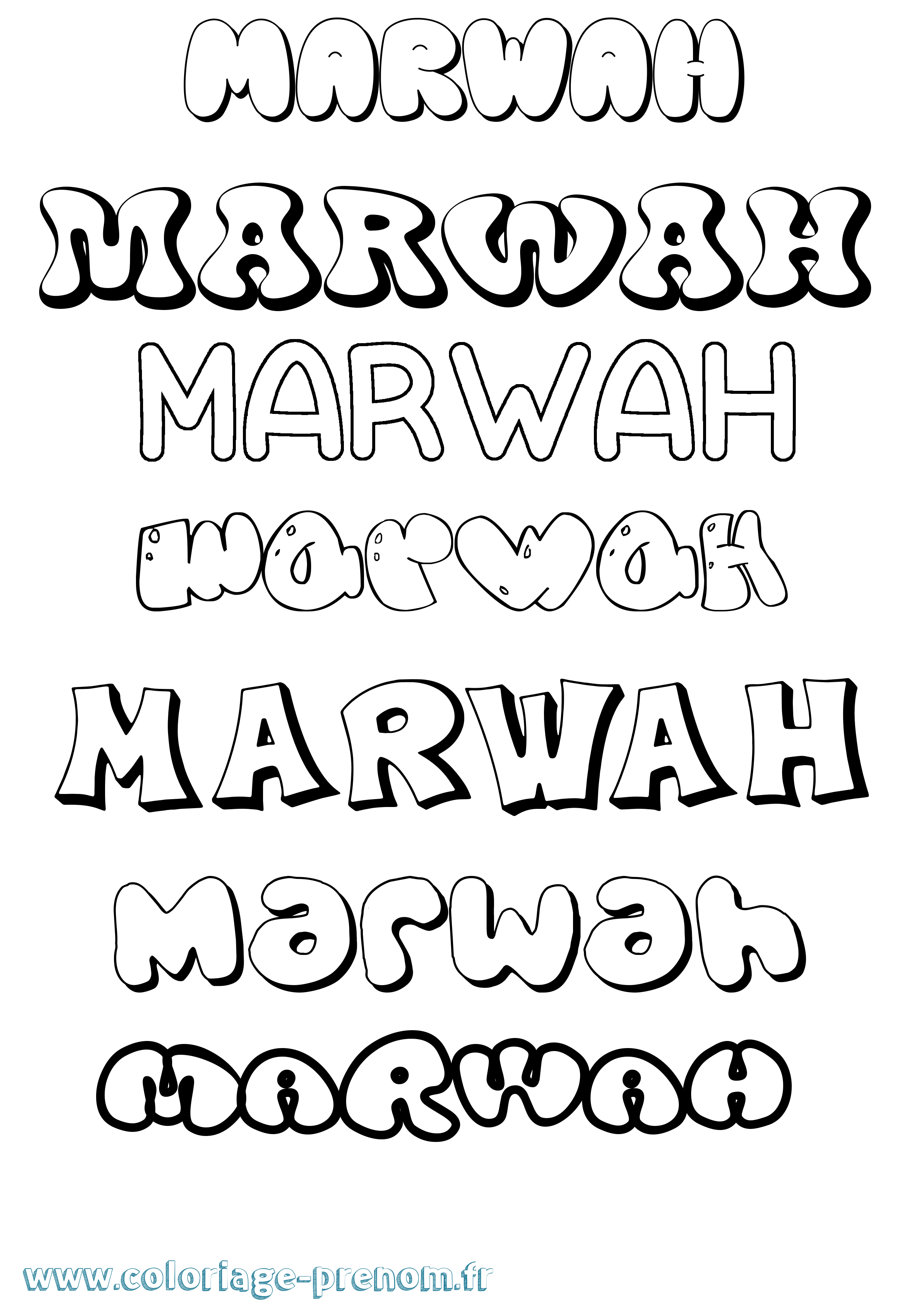 Coloriage prénom Marwah Bubble