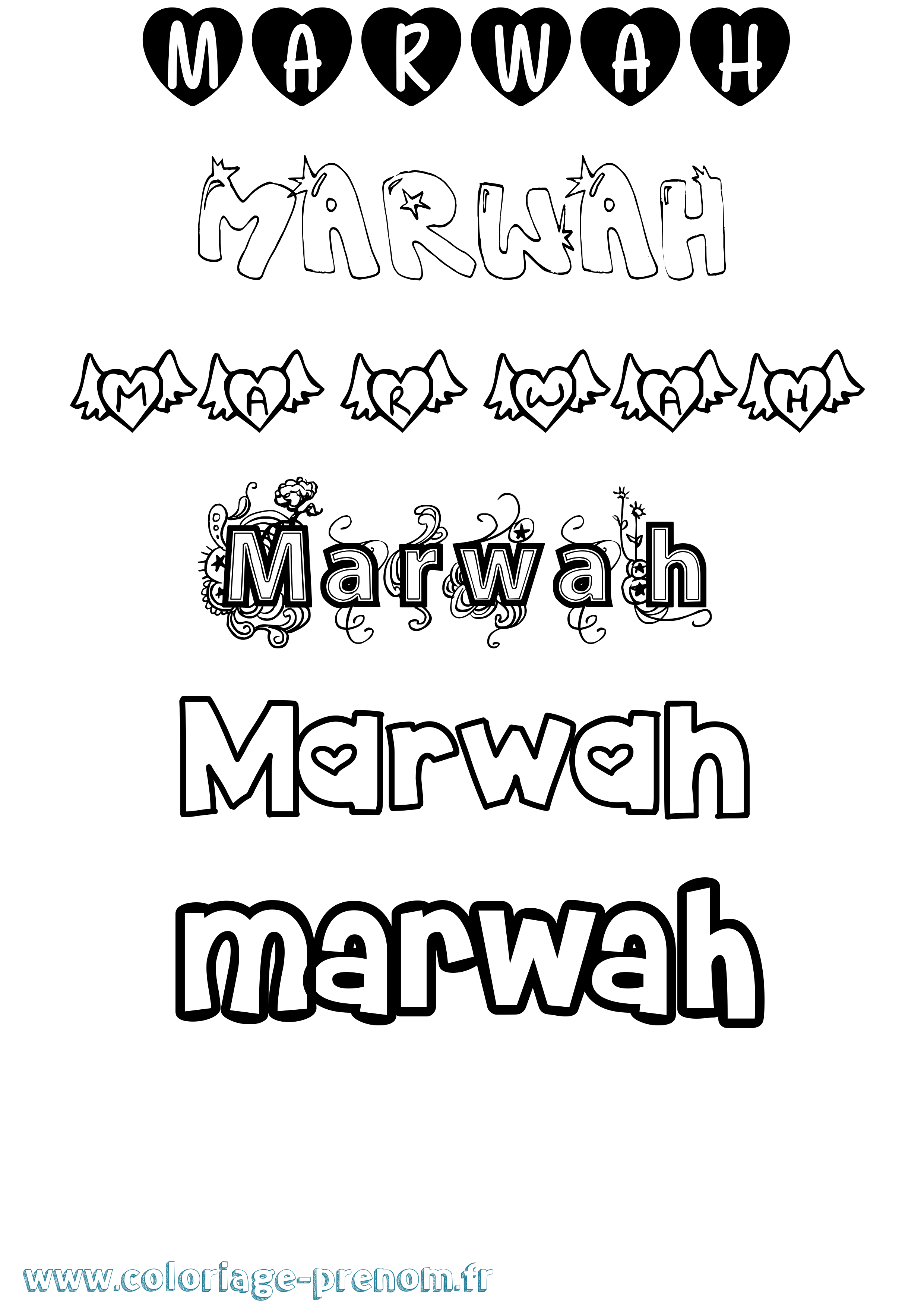 Coloriage prénom Marwah Girly