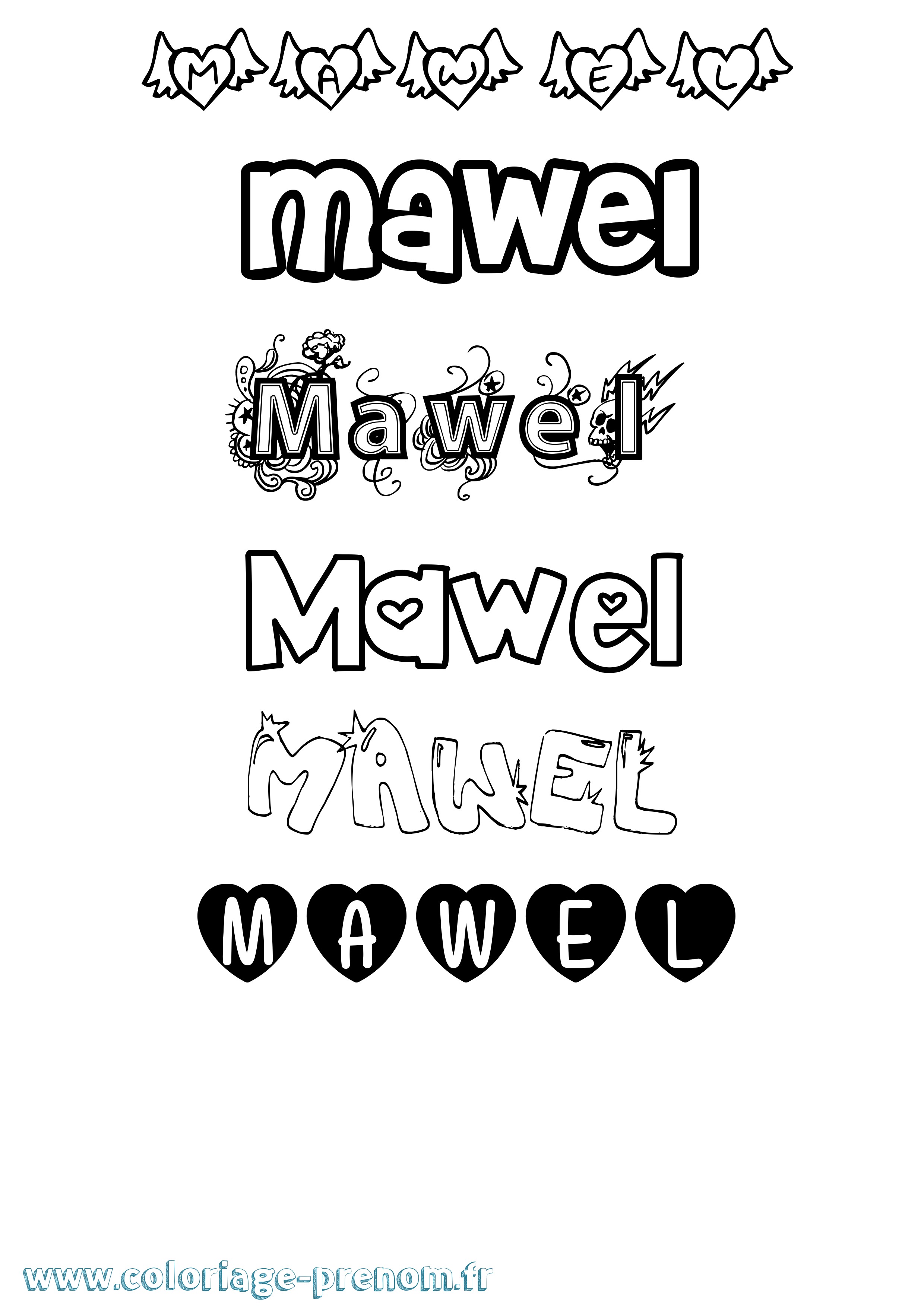 Coloriage prénom Mawel Girly