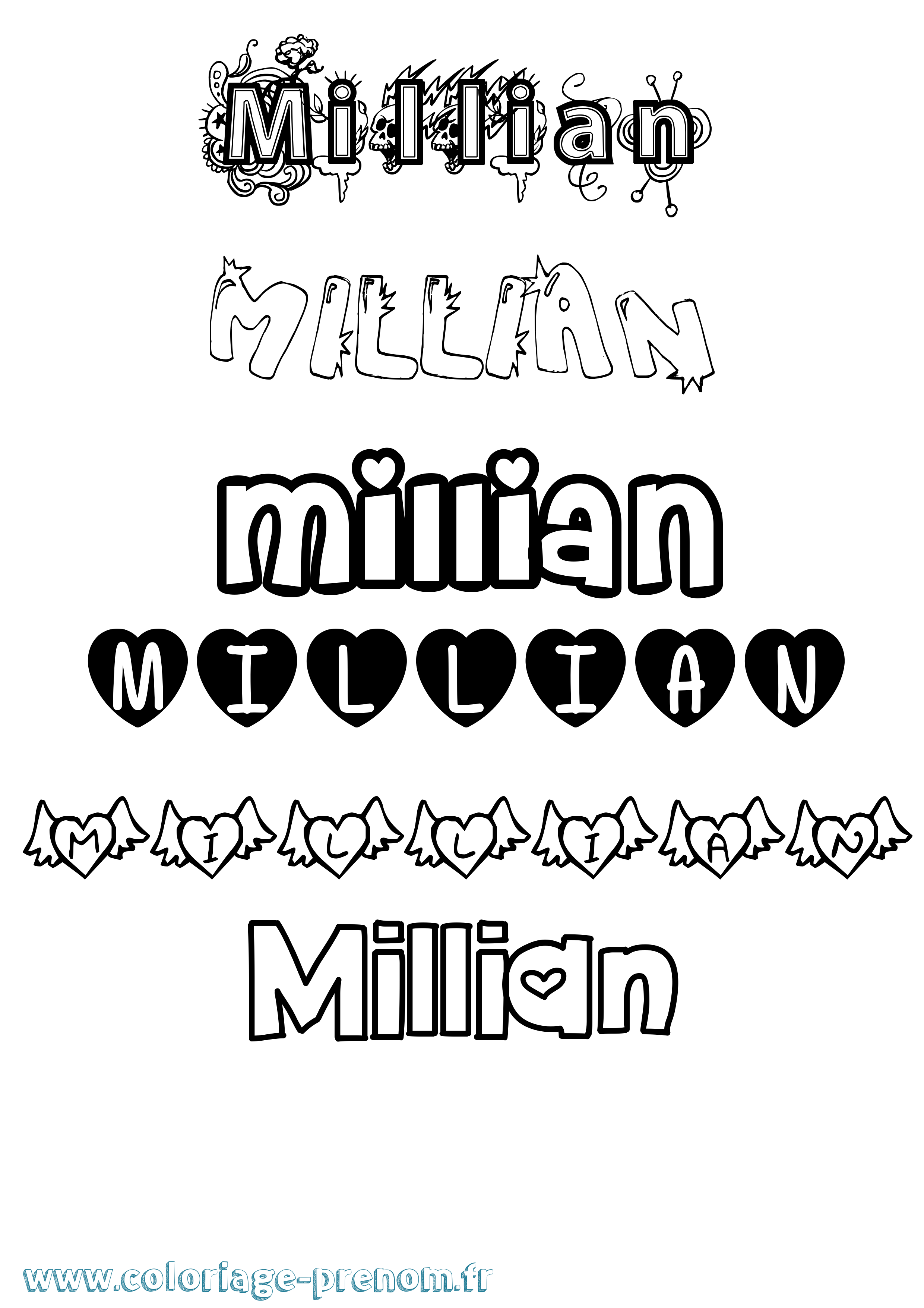 Coloriage prénom Millian Girly