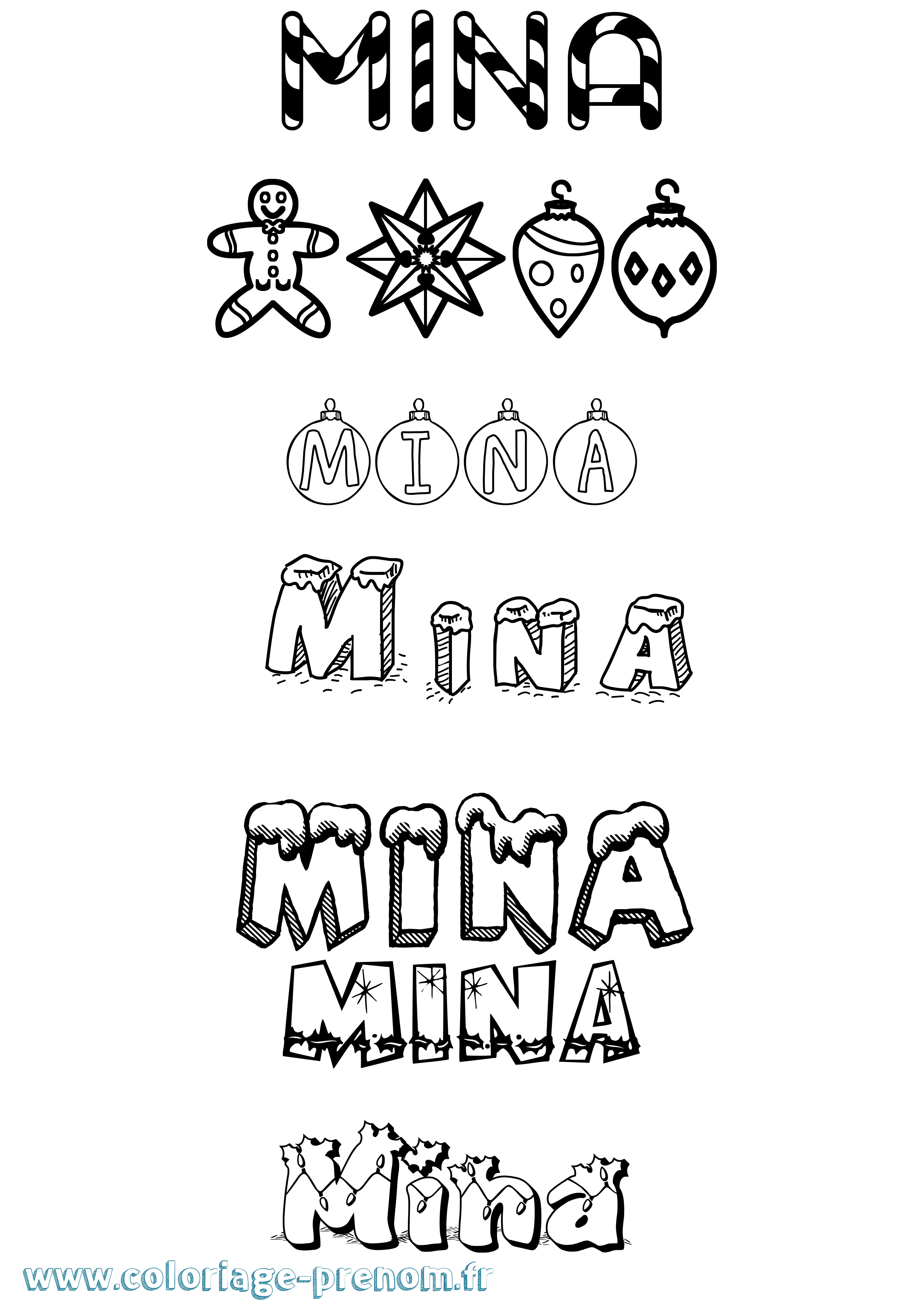 Coloriage prénom Mina Noël