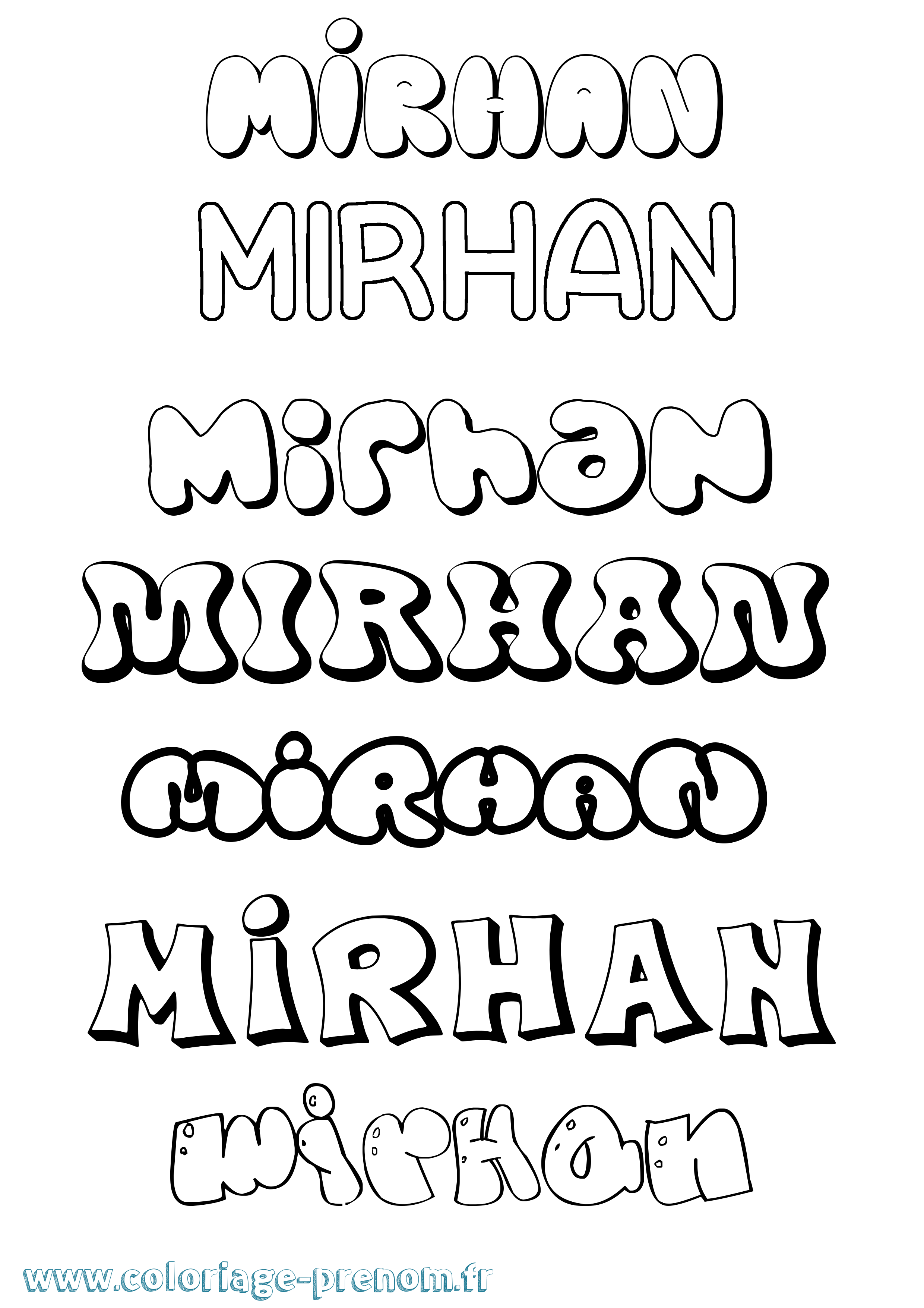 Coloriage prénom Mirhan Bubble