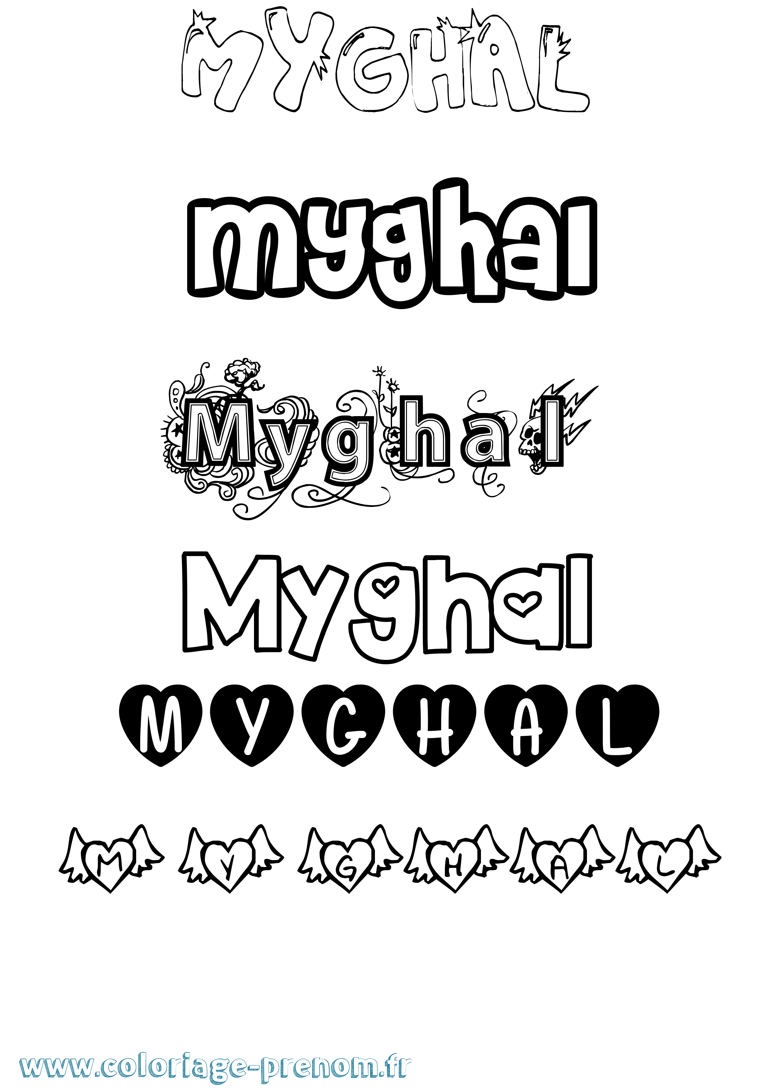 Coloriage prénom Myghal Girly