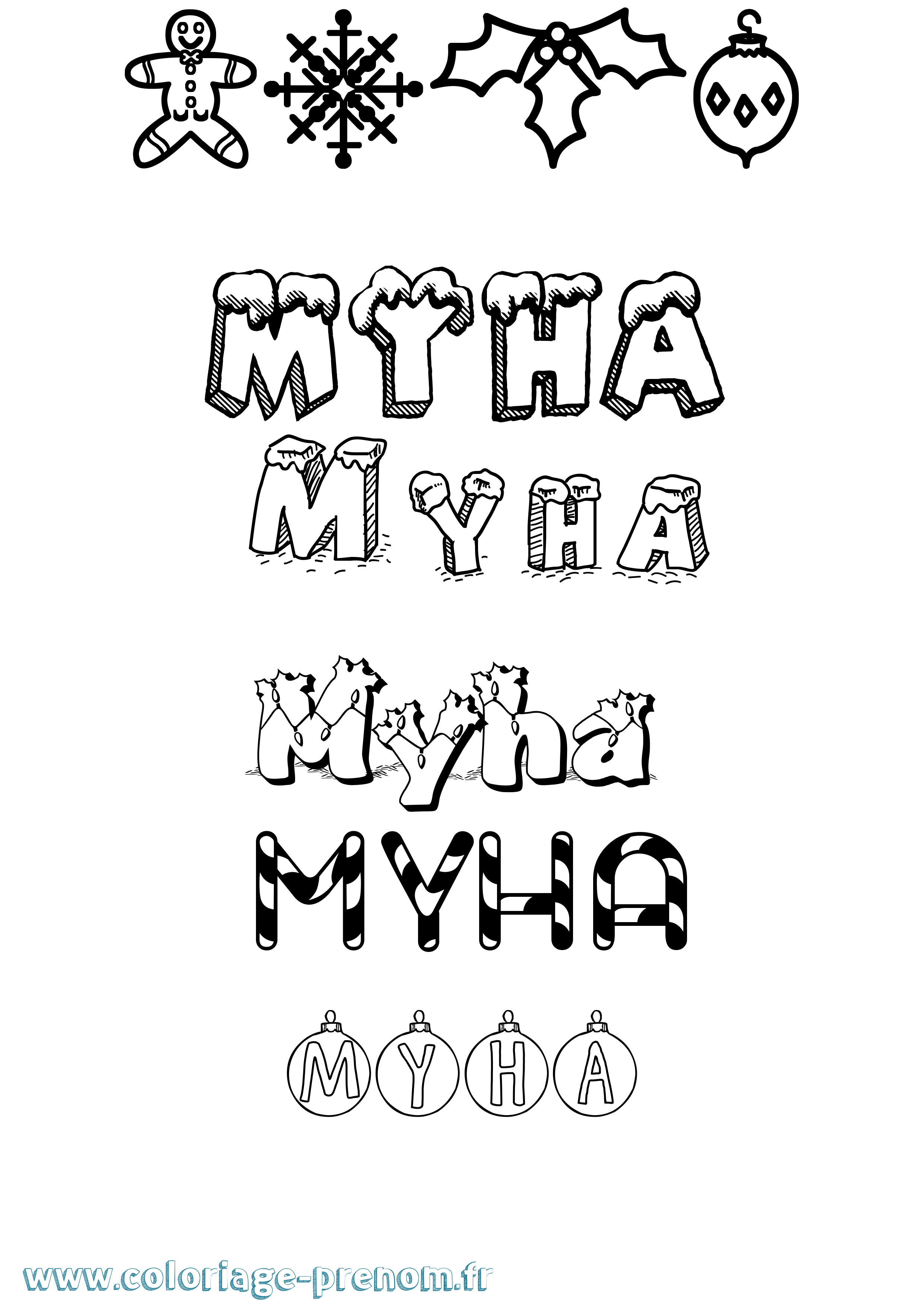 Coloriage prénom Myha Noël