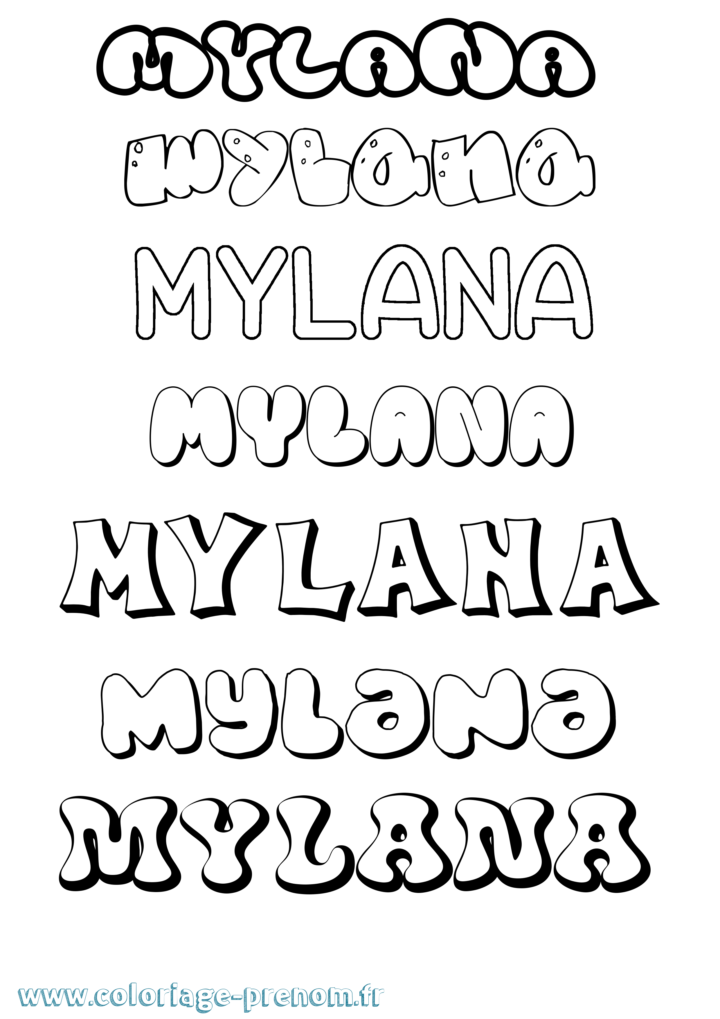 Coloriage prénom Mylana Bubble