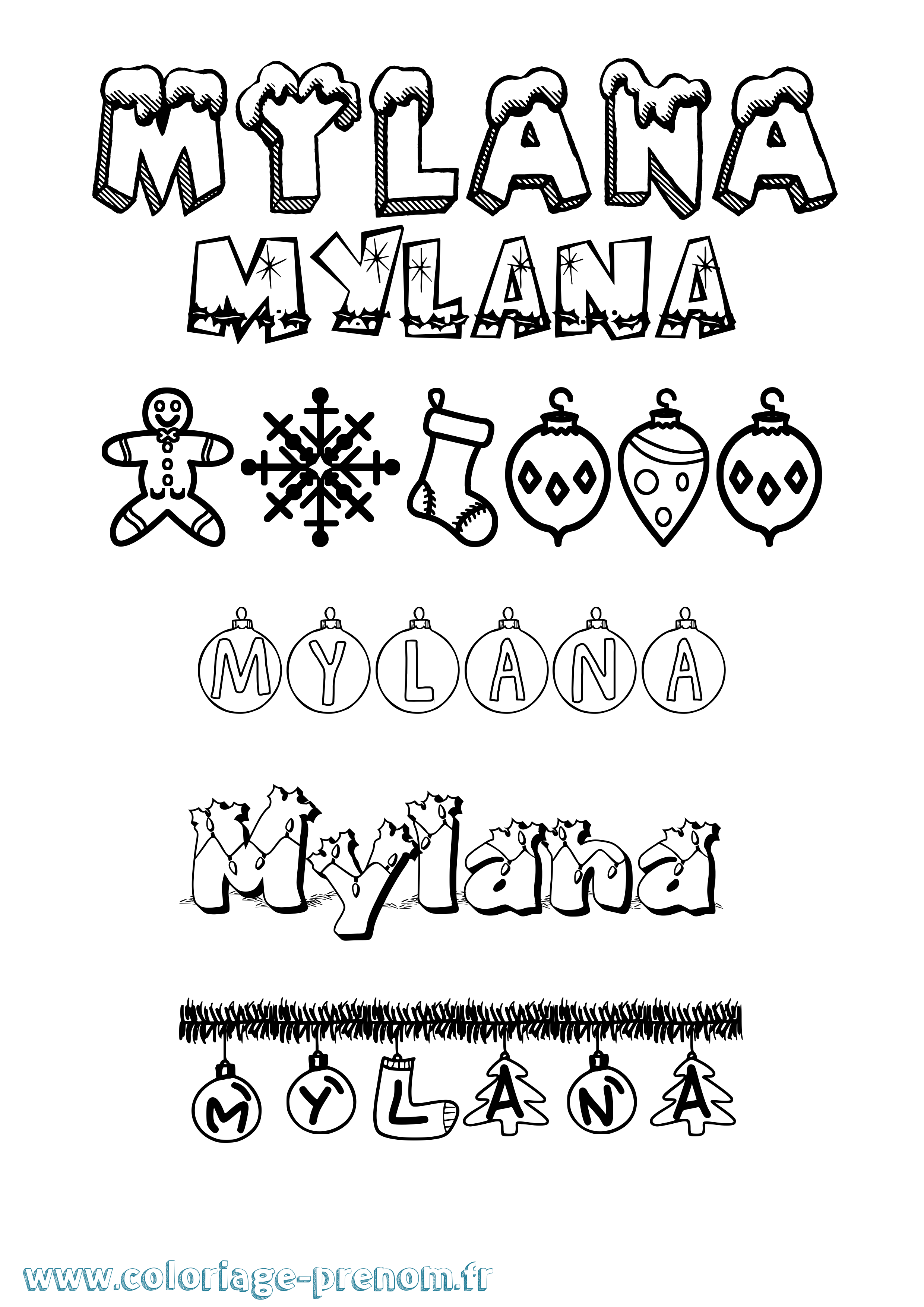 Coloriage prénom Mylana Noël