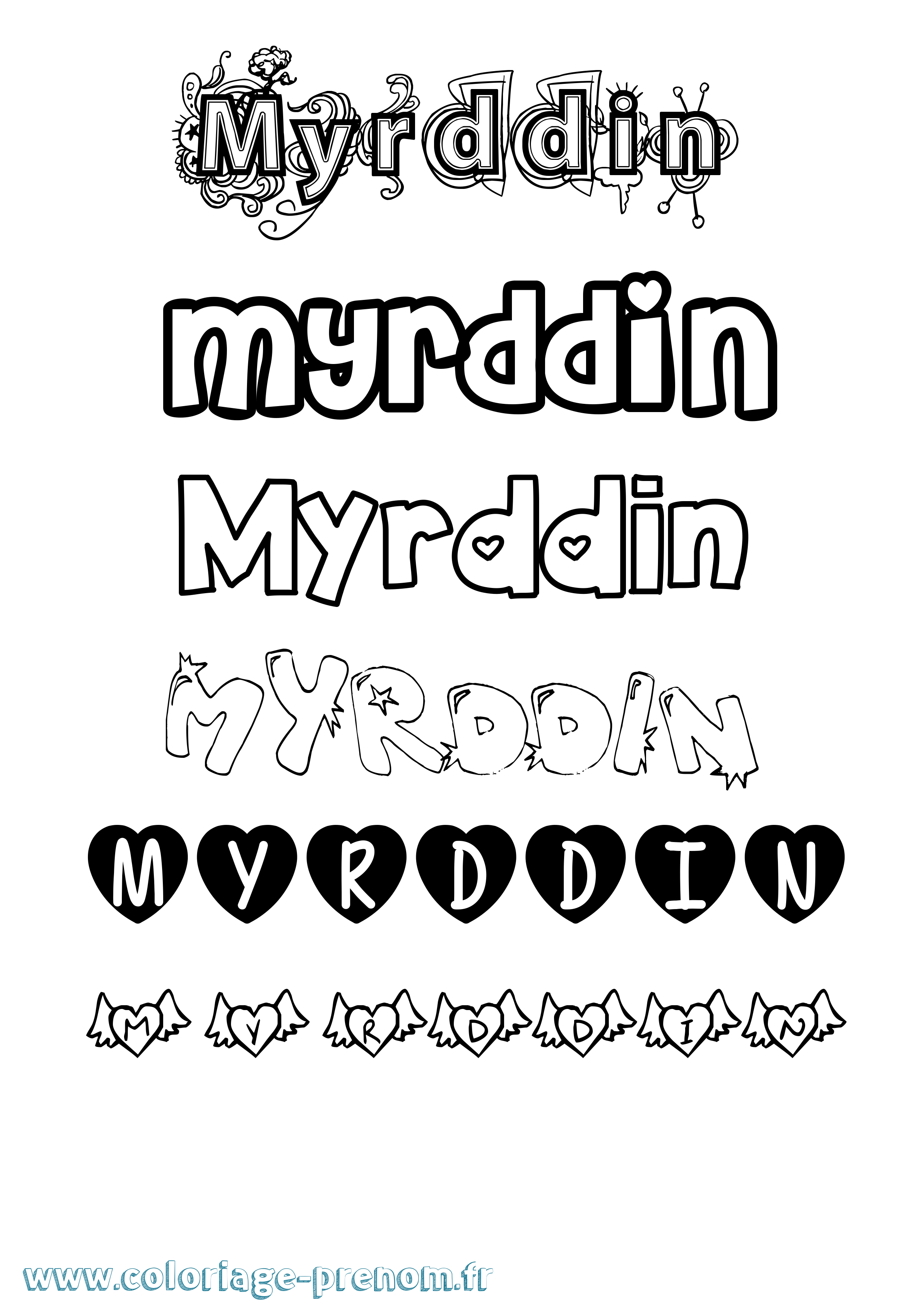 Coloriage prénom Myrddin Girly