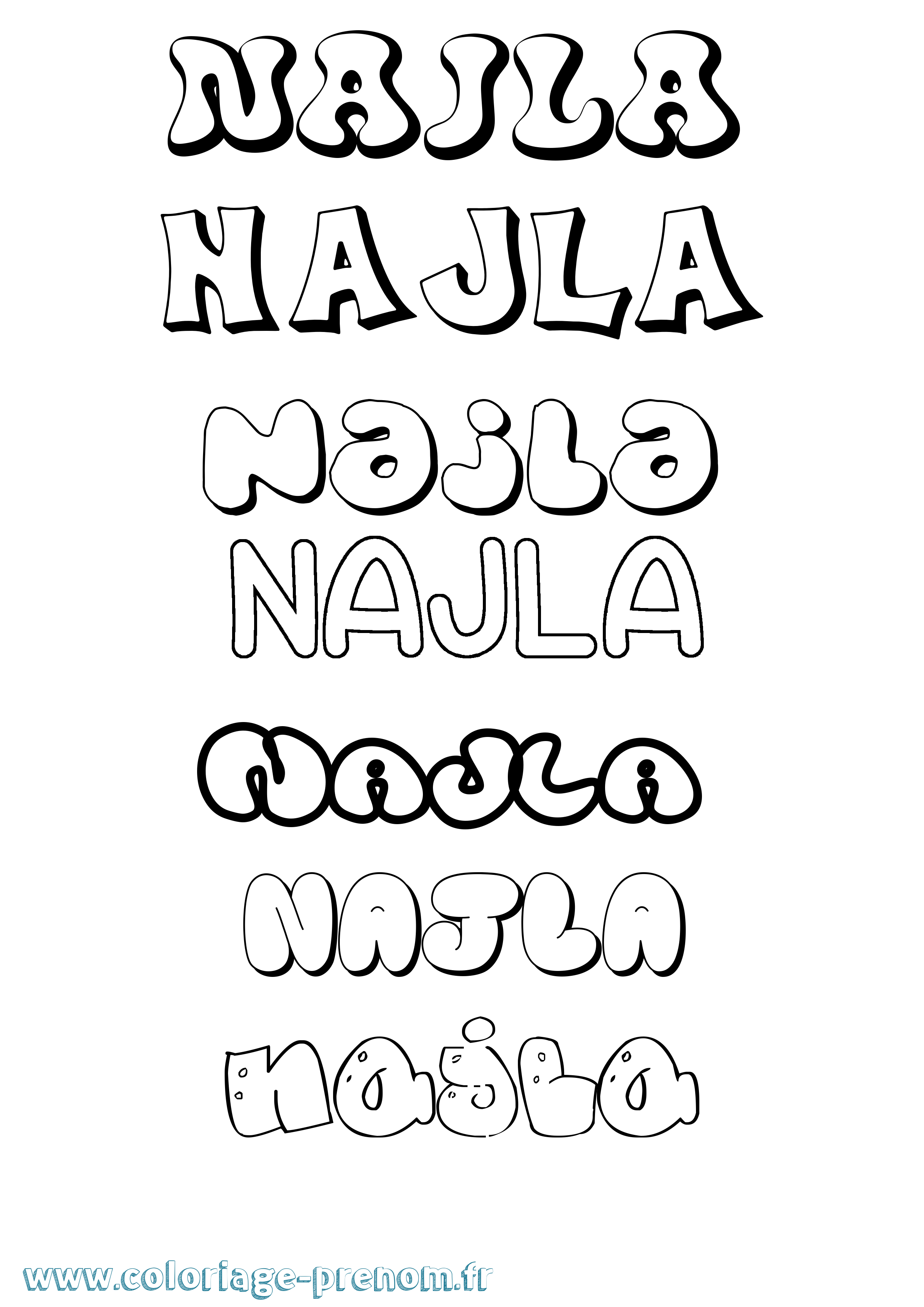 Coloriage prénom Najla Bubble