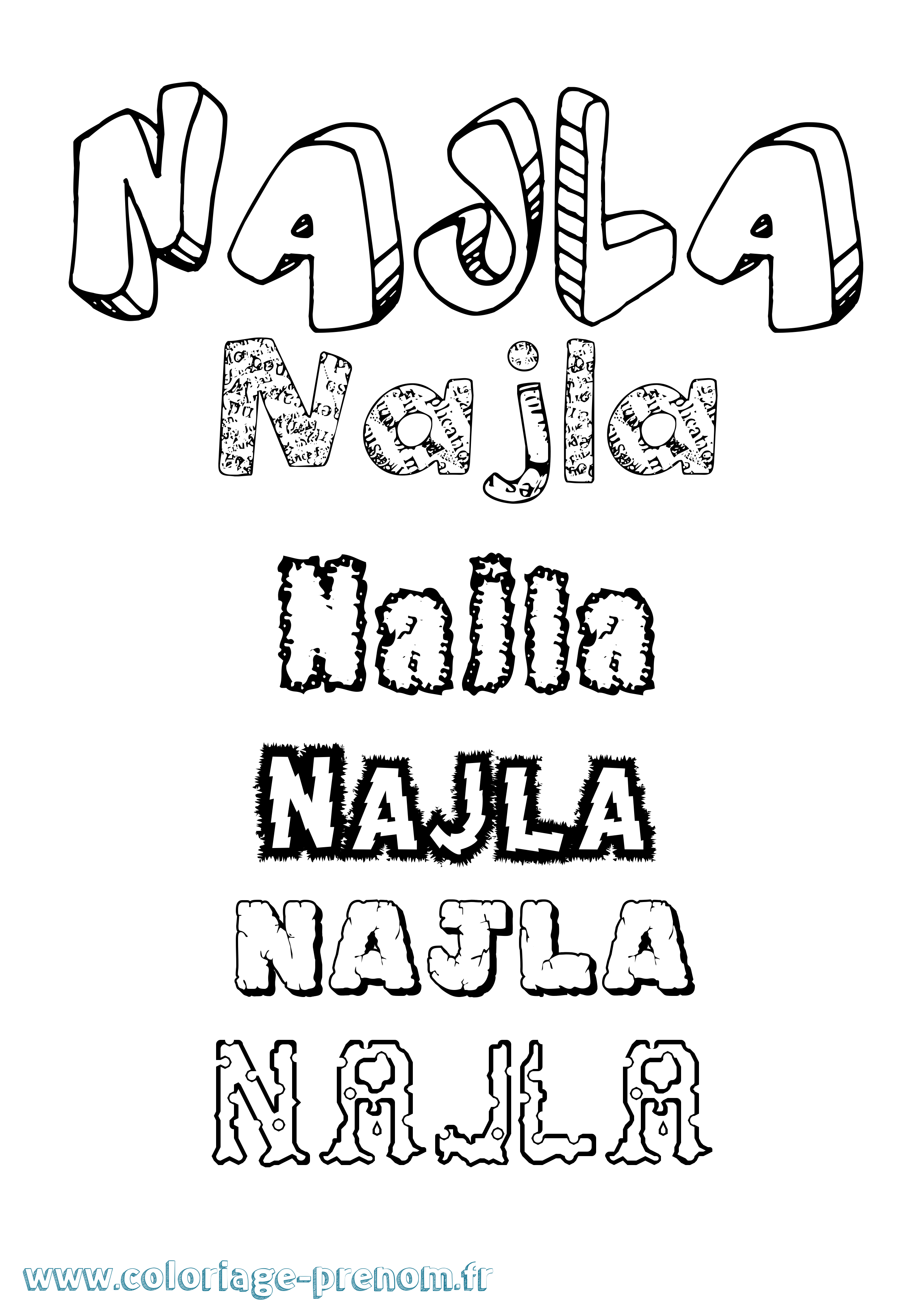 Coloriage prénom Najla Destructuré
