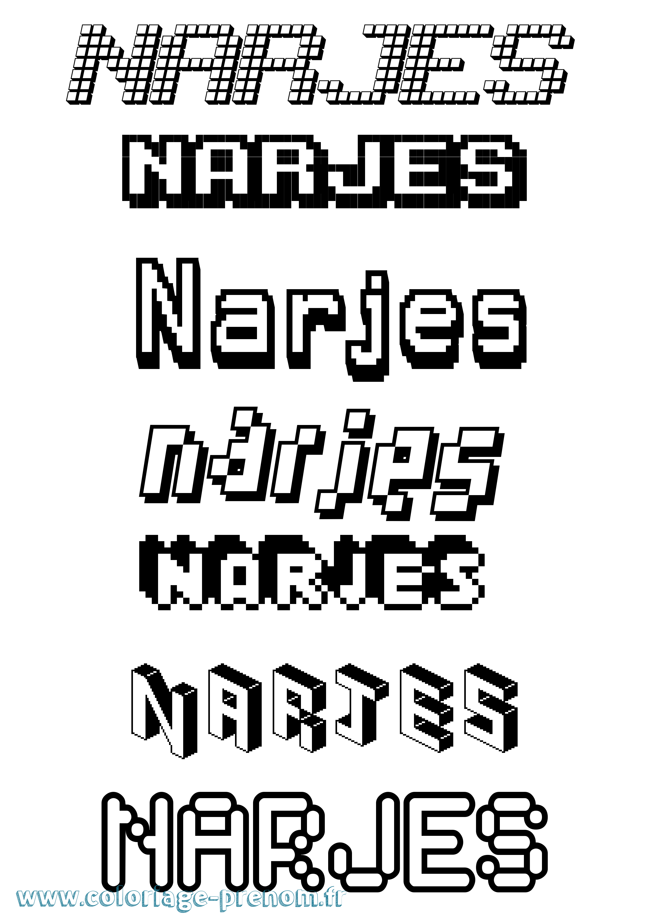 Coloriage prénom Narjes Pixel