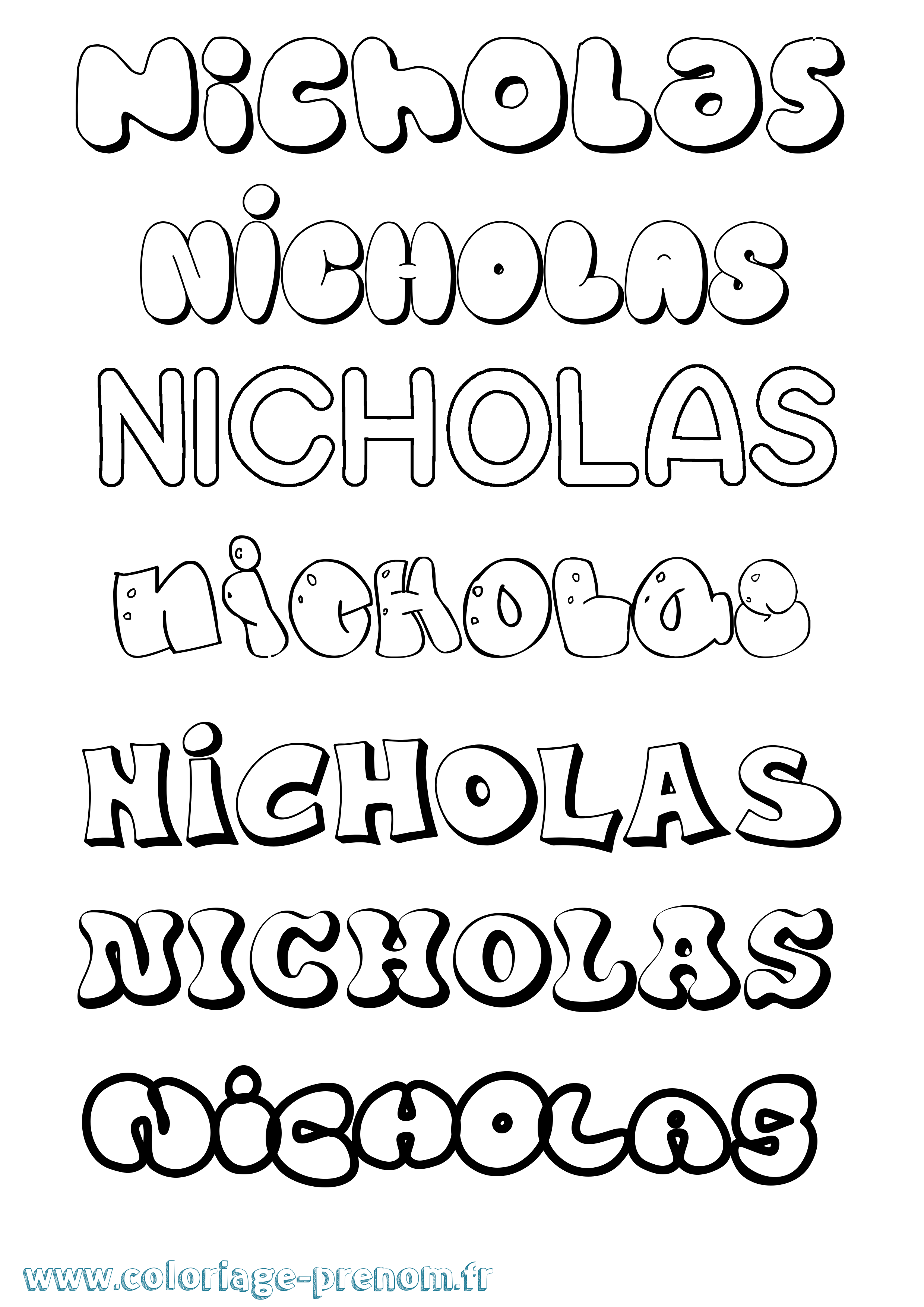 Coloriage prénom Nicholas Bubble