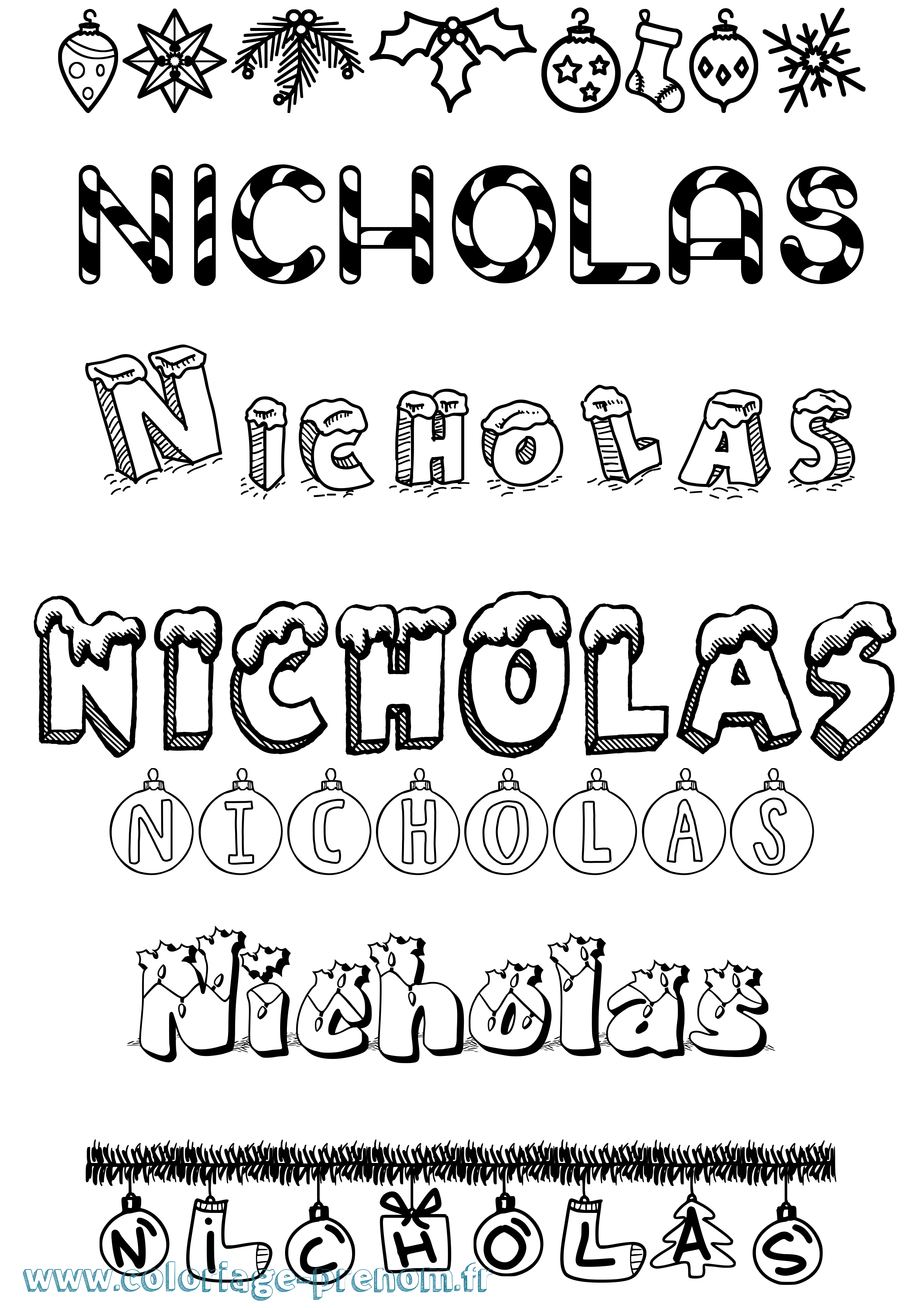 Coloriage prénom Nicholas Noël
