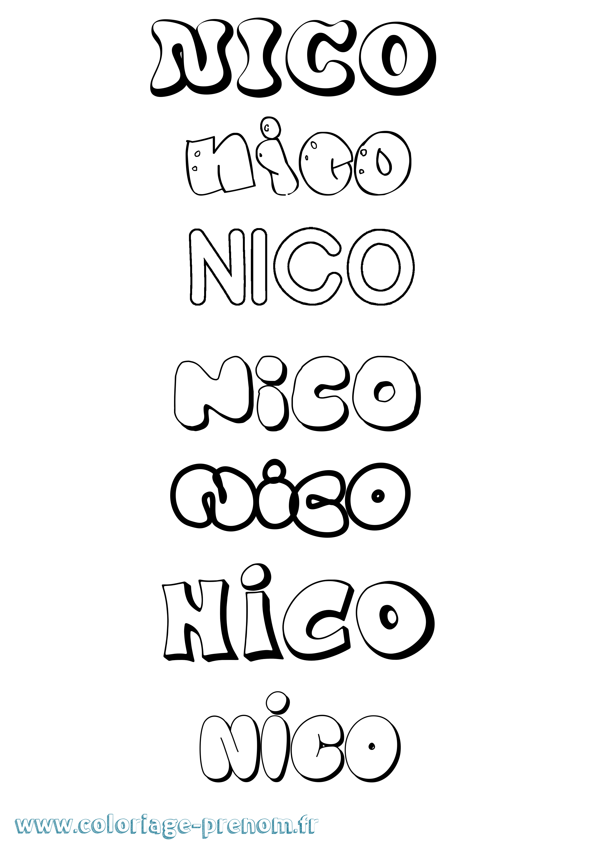 Coloriage prénom Nico Bubble