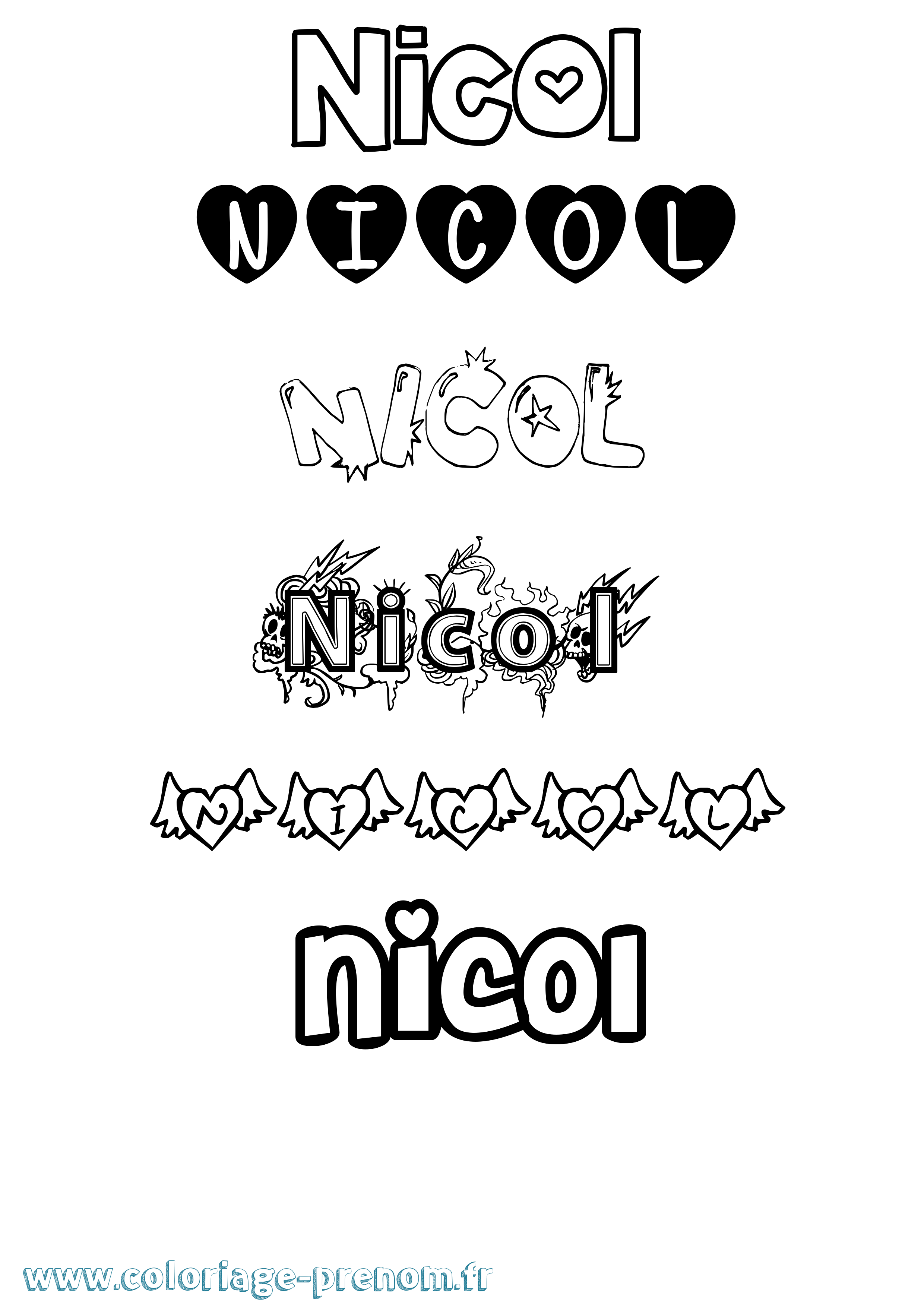 Coloriage prénom Nicol Girly