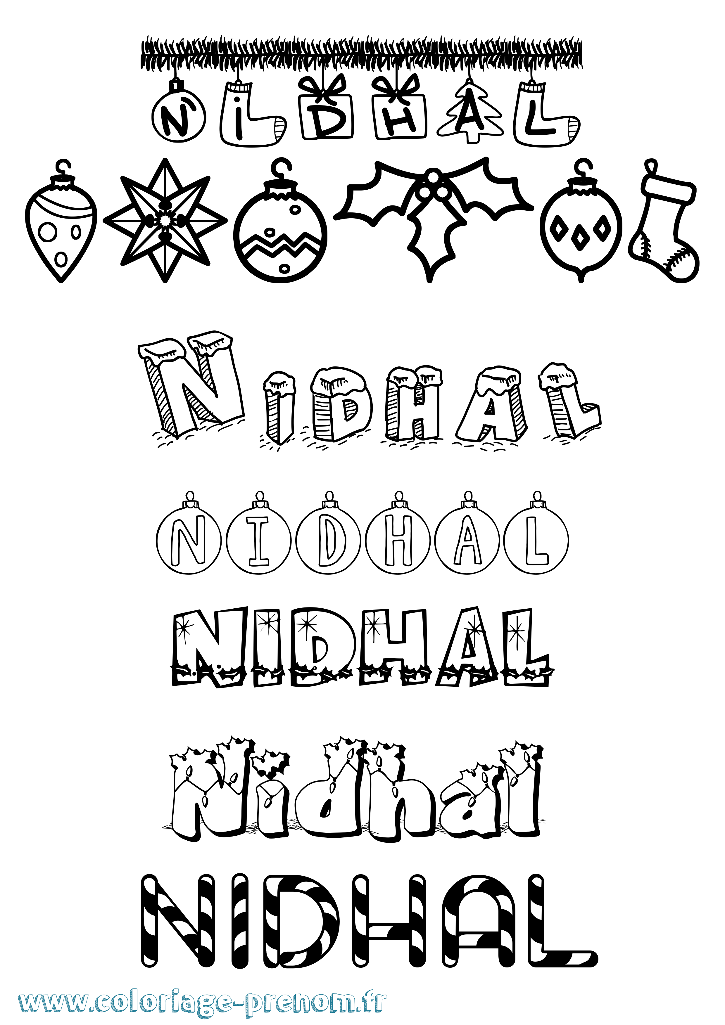 Coloriage prénom Nidhal Noël