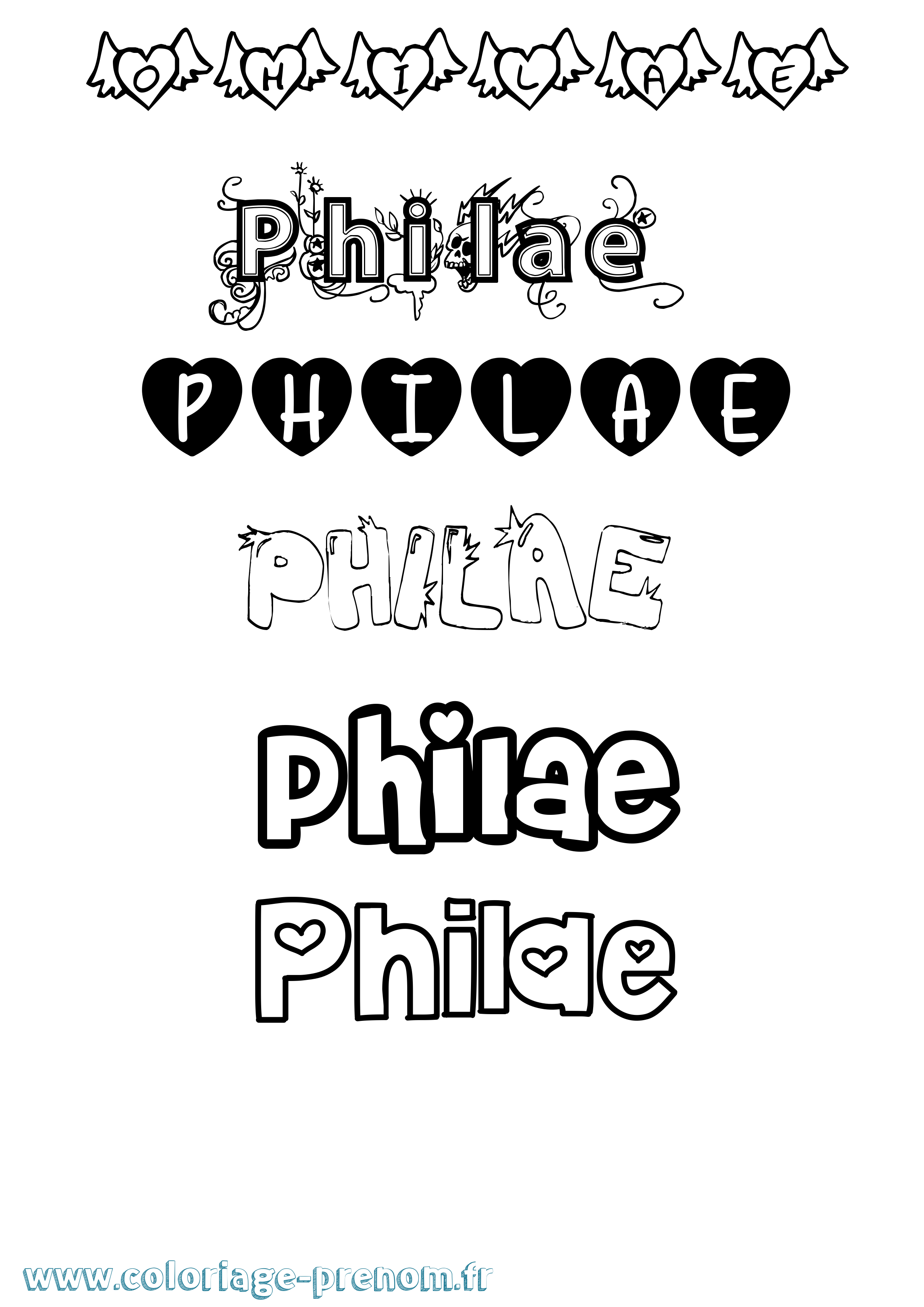 Coloriage prénom Philae Girly