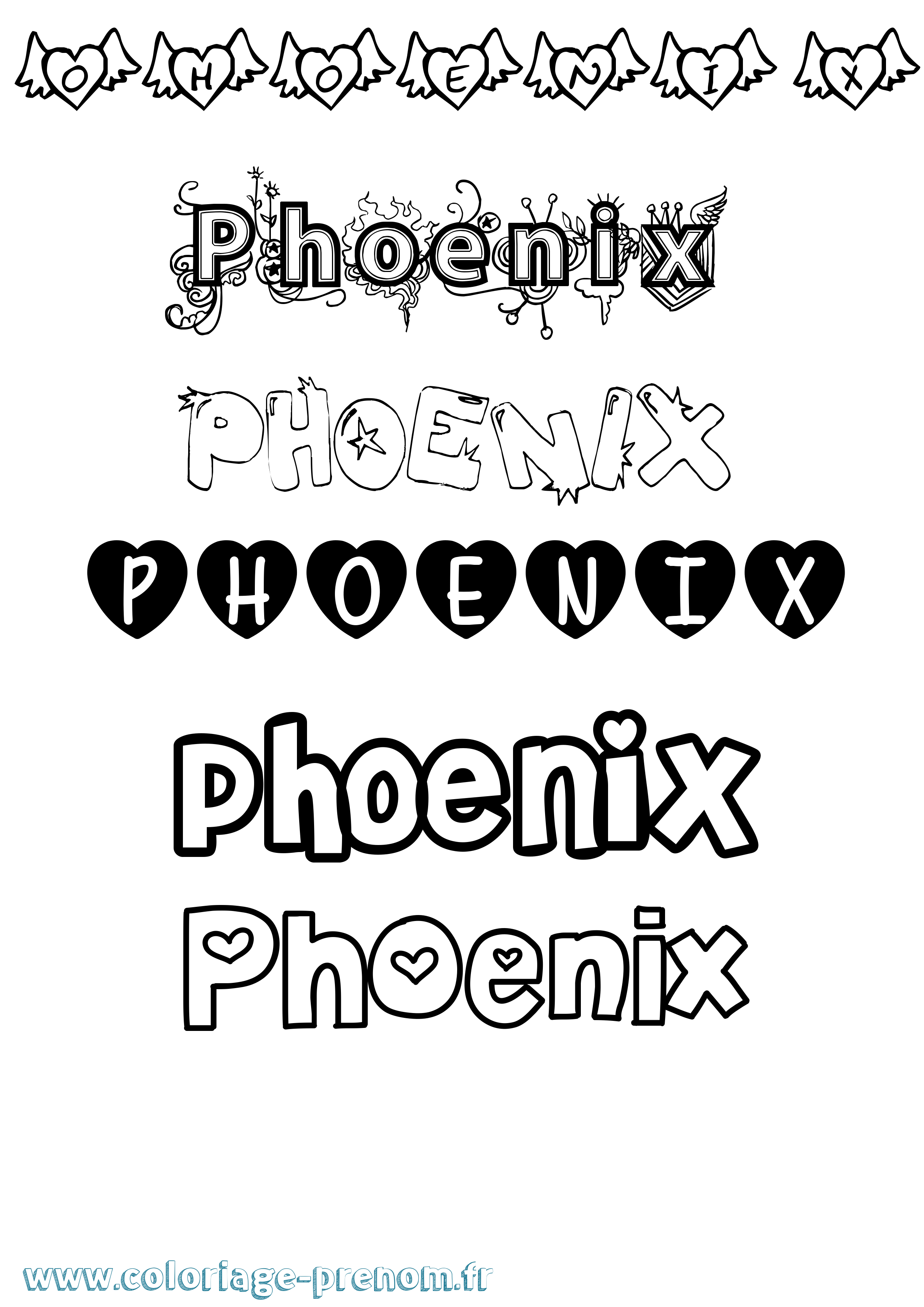 Coloriage prénom Phoenix Girly