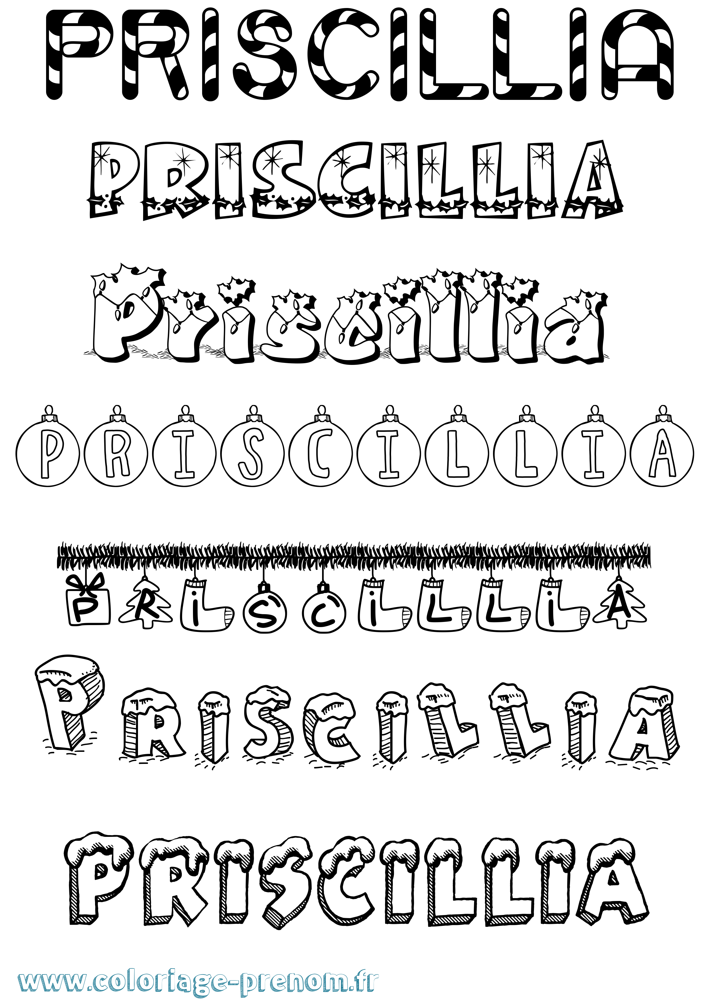 Coloriage prénom Priscillia Noël