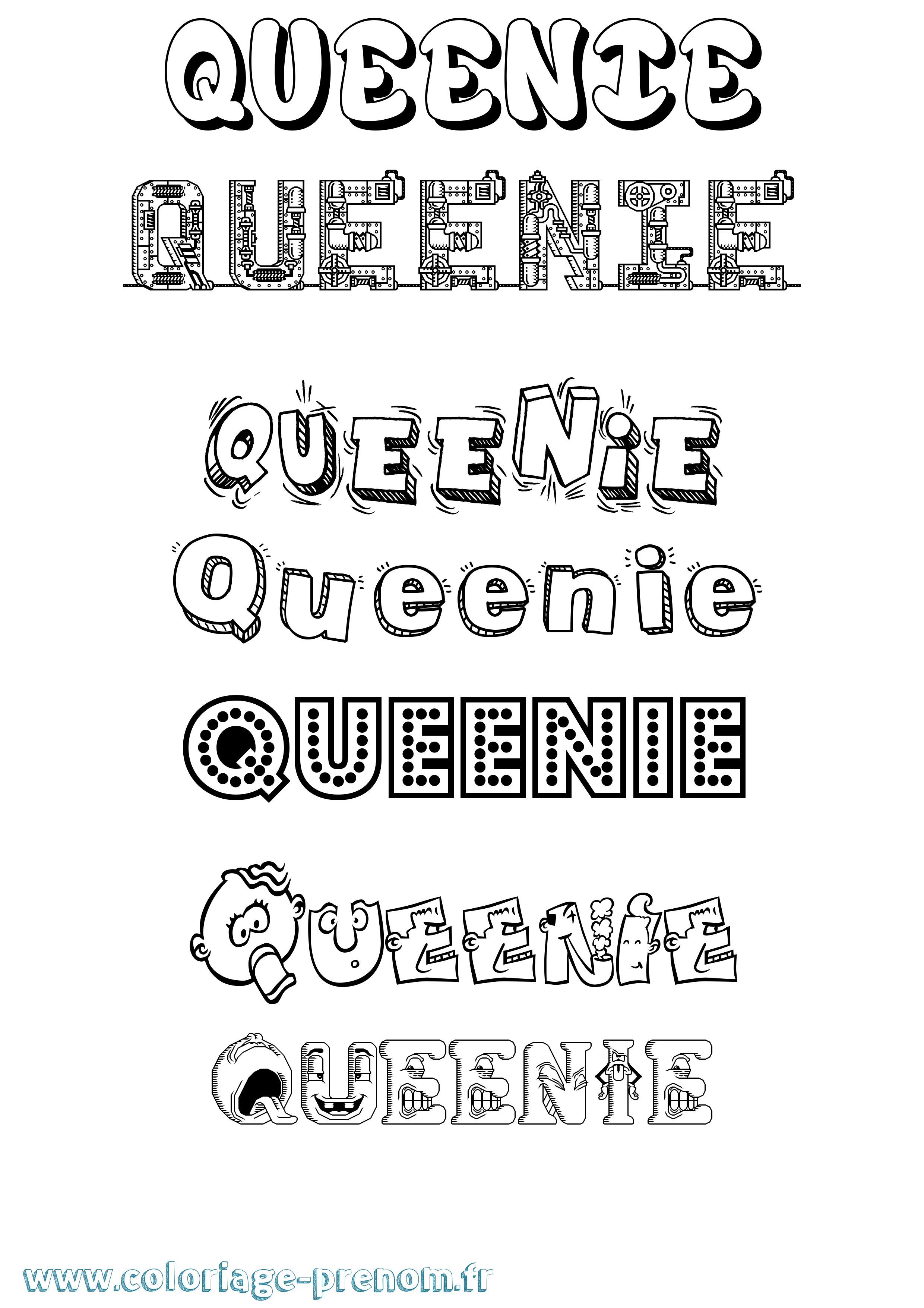 Coloriage prénom Queenie Fun