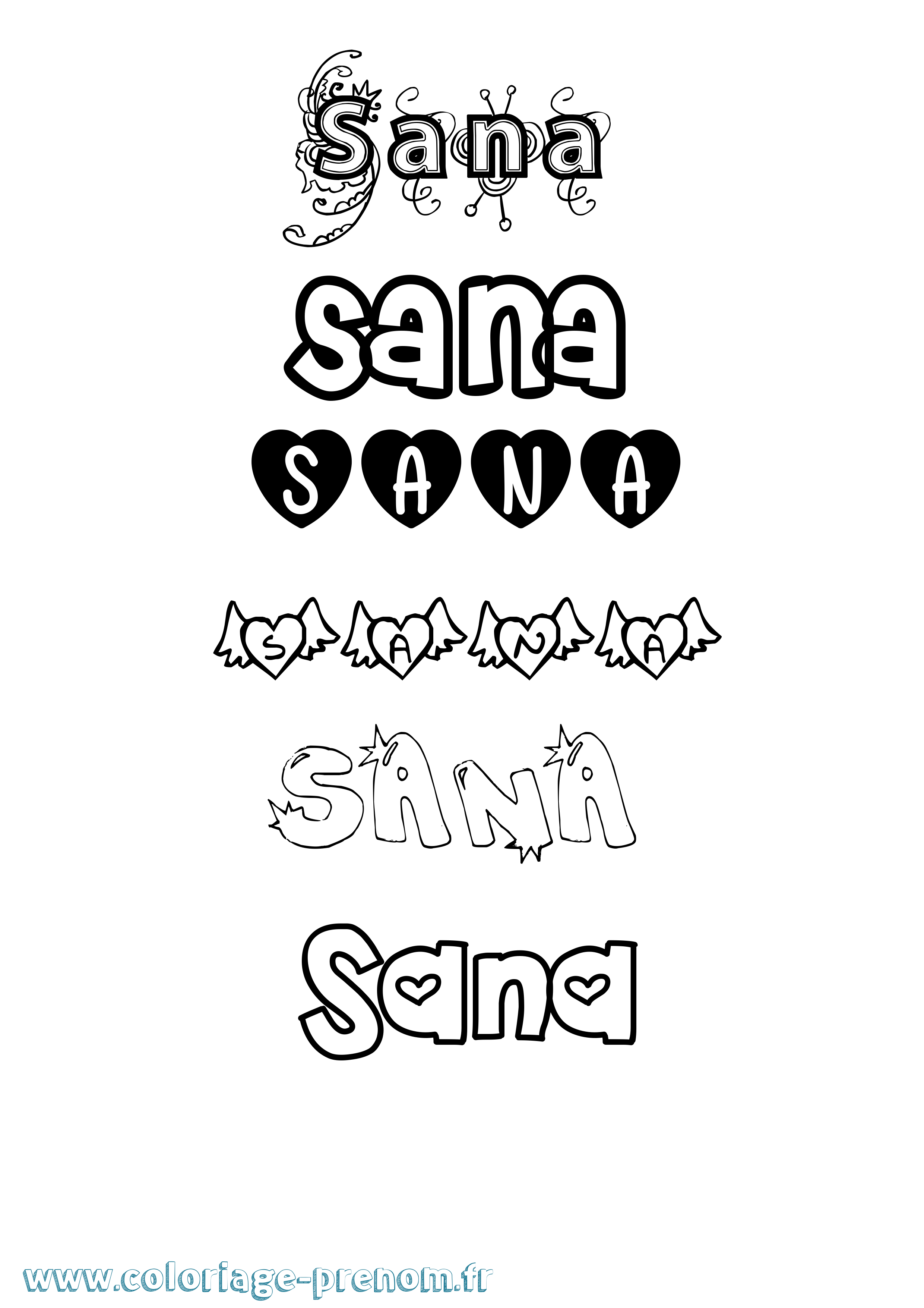 Coloriage prénom Sana Girly